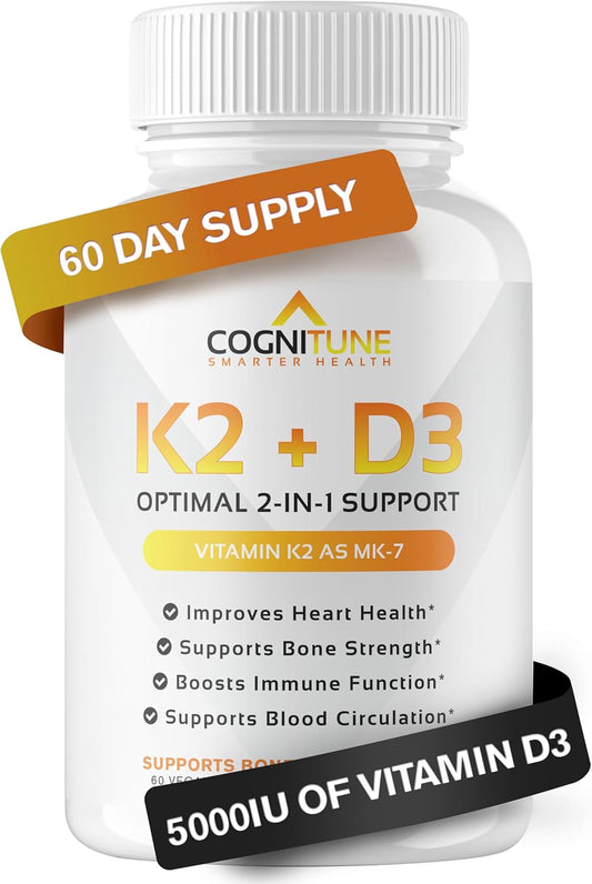 Premium Vitamin D3 5000 IU and Vitamin K2 (MK7) Complex - Immune, Heart, & Bone Health Supplement - 60 Capsules