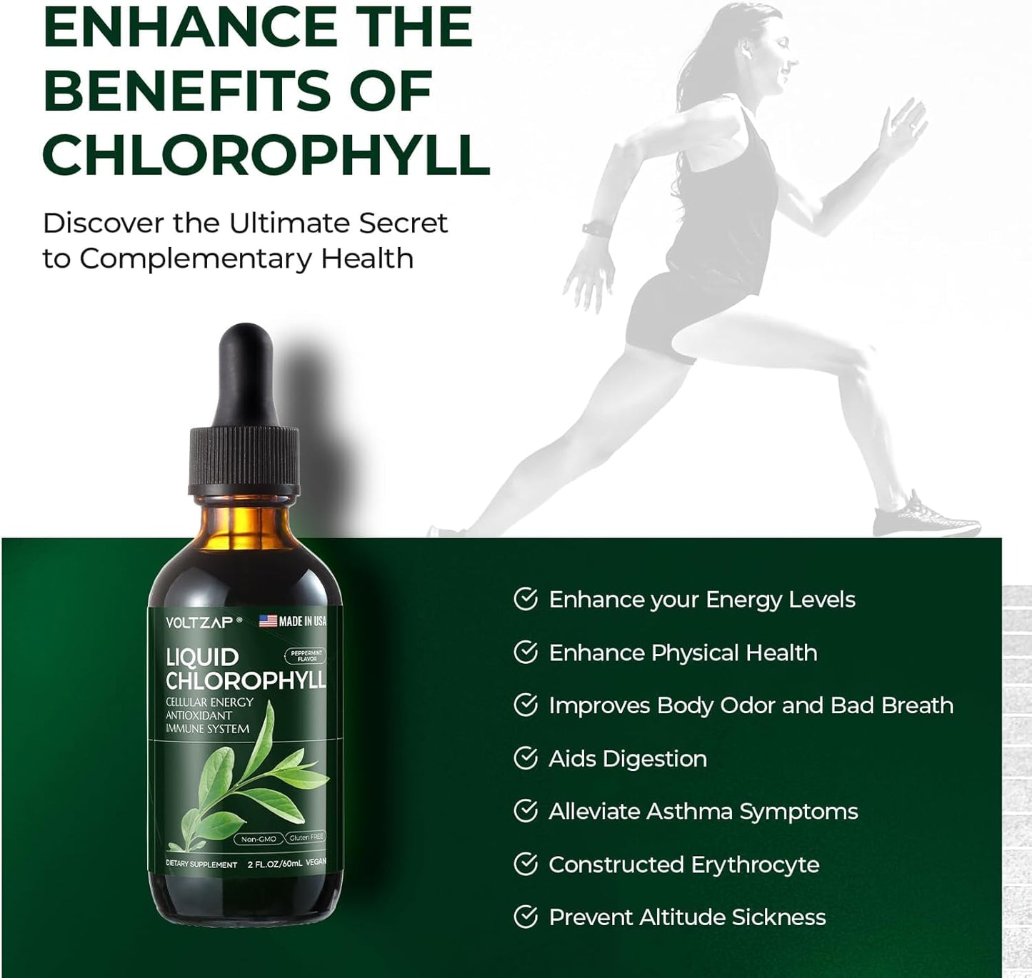 Premium VOLTZAP Chlorophyll Liquid Drops for Immune Support, Energy Boost, Digestive Health - Natural Mint Flavor Vegan Supplement 2fl.oz - Non-GMO & Gluten-Free