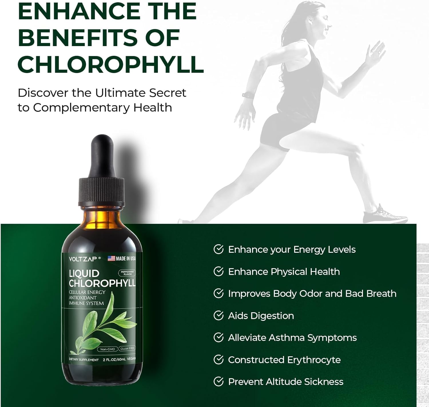 Premium VOLTZAP Chlorophyll Liquid Drops for Immune Support, Energy Boost, Digestive Health - Natural Mint Flavor Vegan Supplement 2fl.oz - Non-GMO & Gluten-Free
