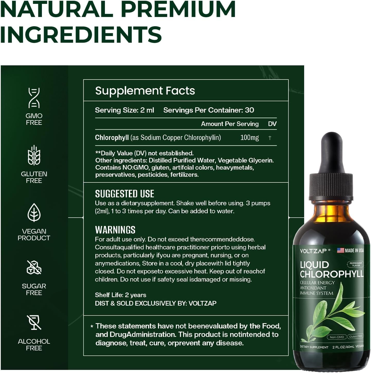 Premium VOLTZAP Chlorophyll Liquid Drops for Immune Support, Energy Boost, Digestive Health - Natural Mint Flavor Vegan Supplement 2fl.oz - Non-GMO & Gluten-Free
