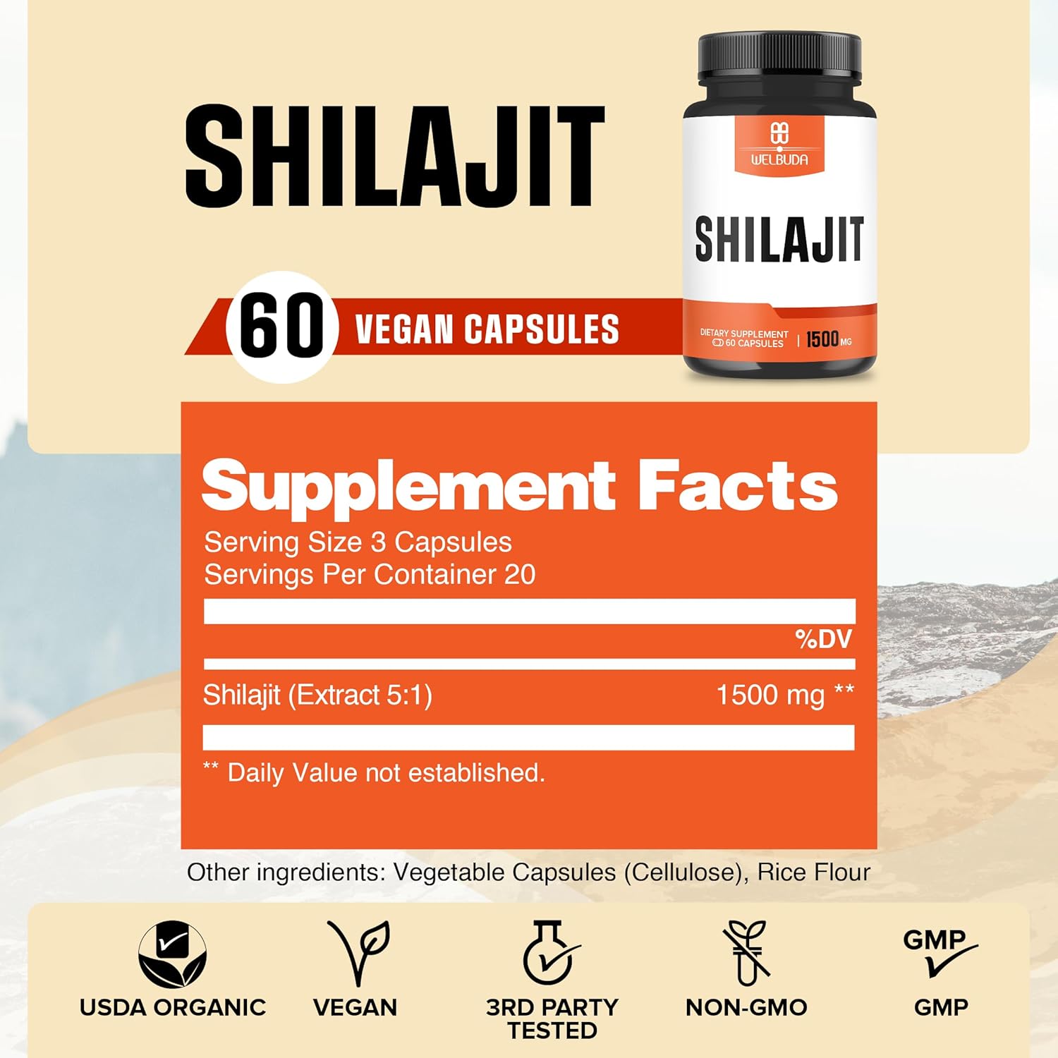 Premium WELBUDA Shilajit Supplement 1500mg - Boosts Immune System, Energy, Brain Health - 60 Capsules