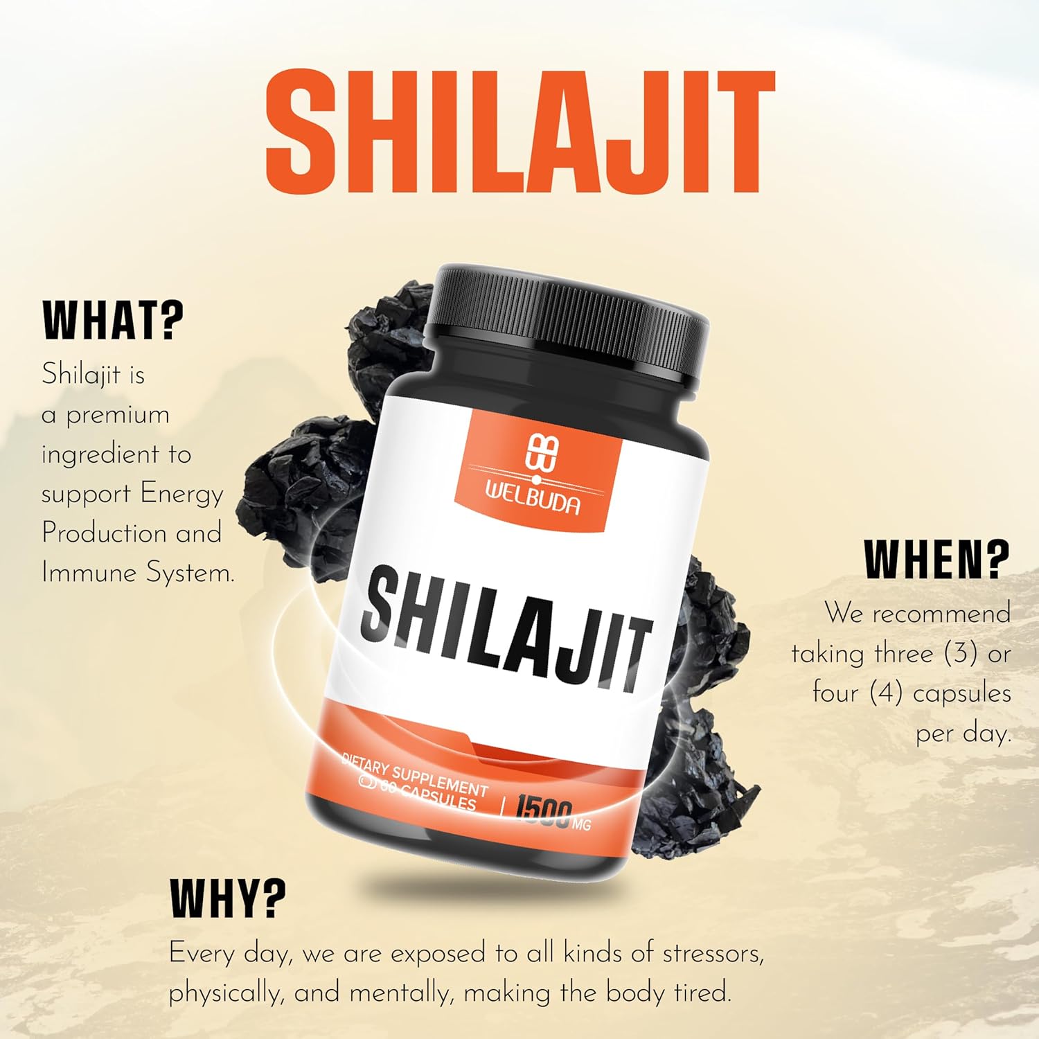 Premium WELBUDA Shilajit Supplement 1500mg - Boosts Immune System, Energy, Brain Health - 60 Capsules