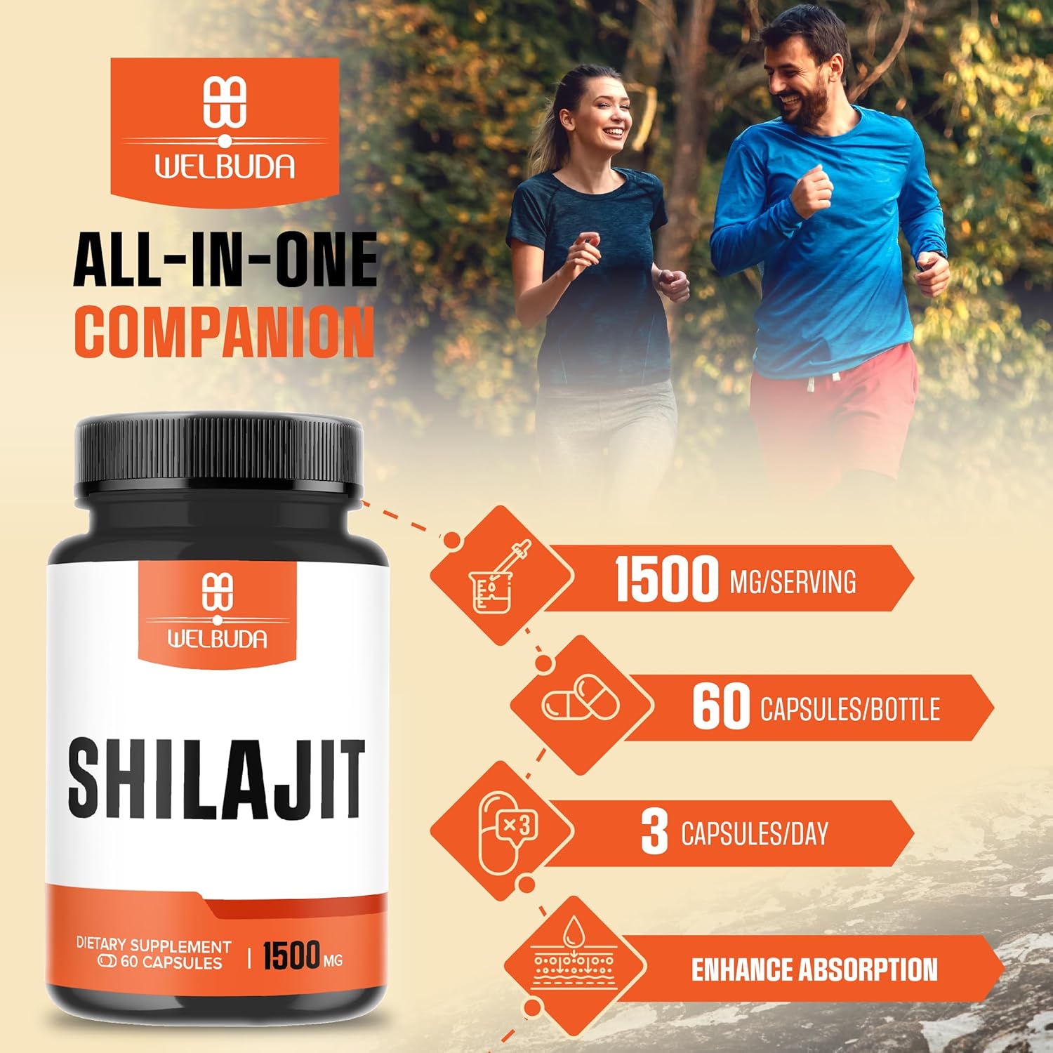 Premium WELBUDA Shilajit Supplement 1500mg - Boosts Immune System, Energy, Brain Health - 60 Capsules