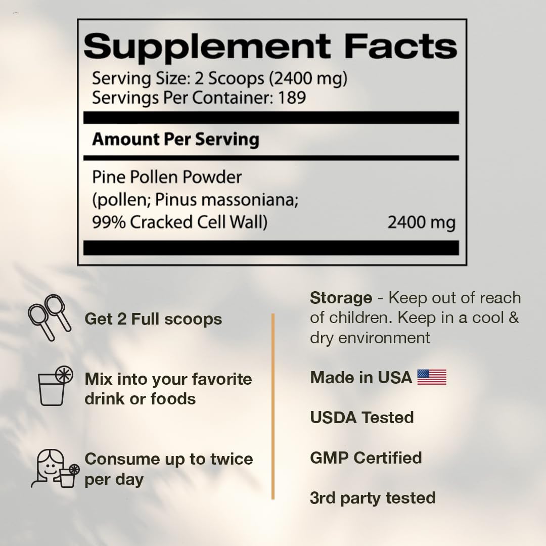 Premium Wild Harvested Pine Pollen Powder - 99% Cracked Cell Wall (16oz) for Energy & Longevity