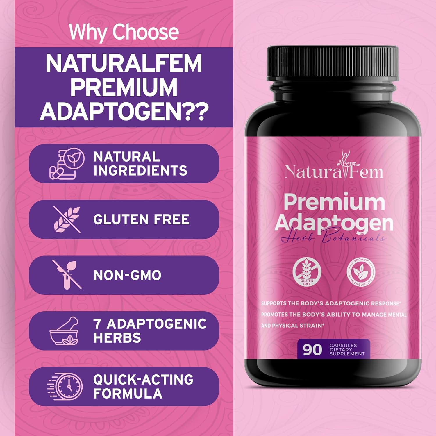 Premium Women's Adaptogen Supplements with Rhodiola Rosea, Turmeric, Maca Root - 90 Capsules for Improved Focus and Mood Support