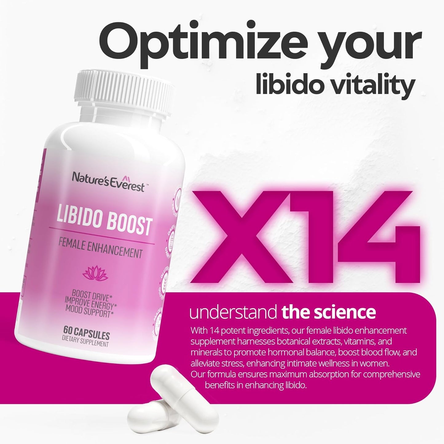 Premium Women's Libido Booster with 14X Blend - BioPerine, Ashwagandha, Maca Root - Elevate Drive, Enhance Mood, Hormone Balance - 60 Capsules, USA Made