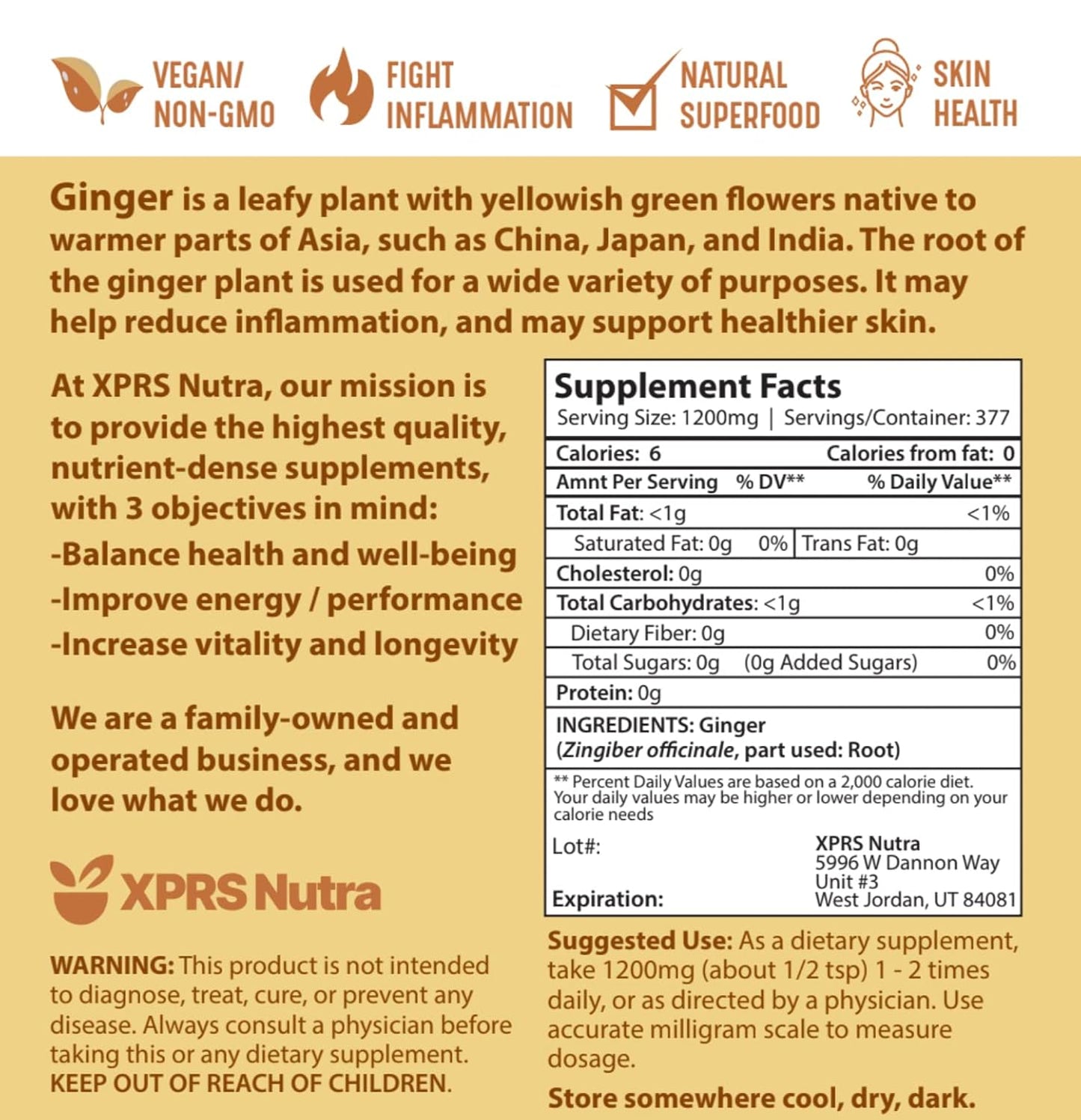 Premium XPRS Nutra Ground Ginger Powder - 16 Ounce Vegan Friendly Sustainably Grown Spice with Potent Flavor