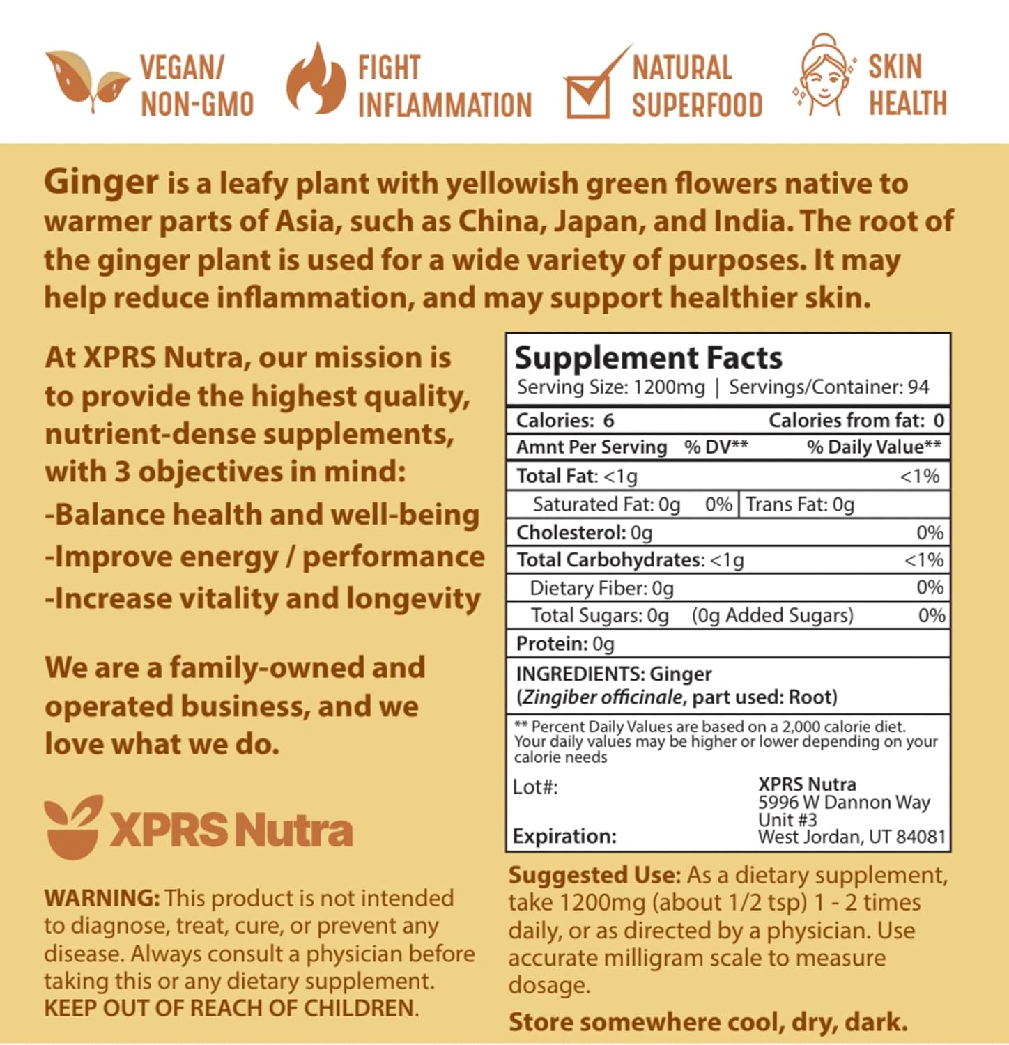 Premium XPRS Nutra Ground Ginger Powder - Potent Spicy Flavor - Vegan Friendly & Sustainably Grown (4 oz)