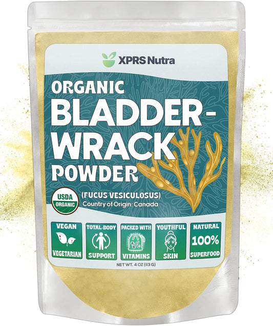 Premium XPRS Nutra Organic Bladderwrack Powder (Fucus Vesiculosus) - Vegan-Friendly Iodine Supplement for Glowing Skin - 4 Ounce Jar