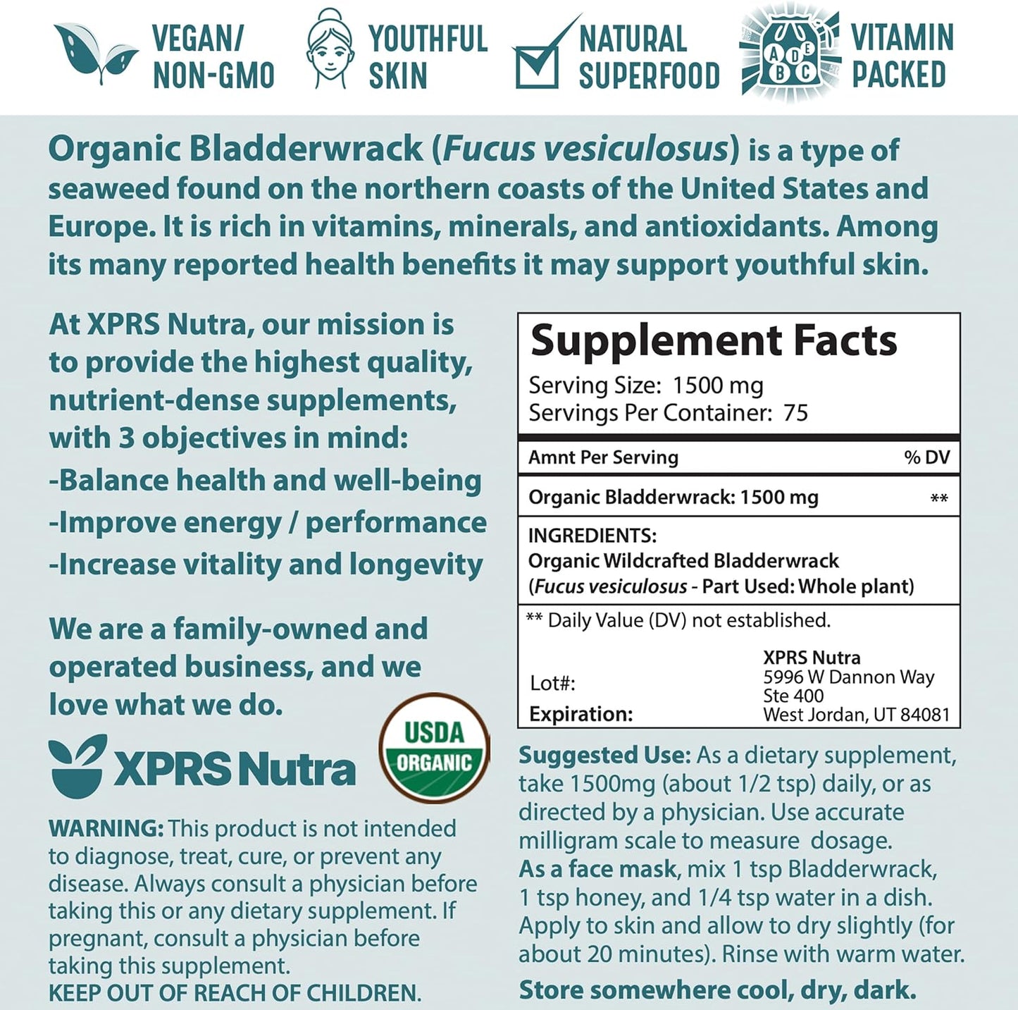 Premium XPRS Nutra Organic Bladderwrack Powder (Fucus Vesiculosus) - Vegan-Friendly Iodine Supplement for Glowing Skin - 4 Ounce Jar