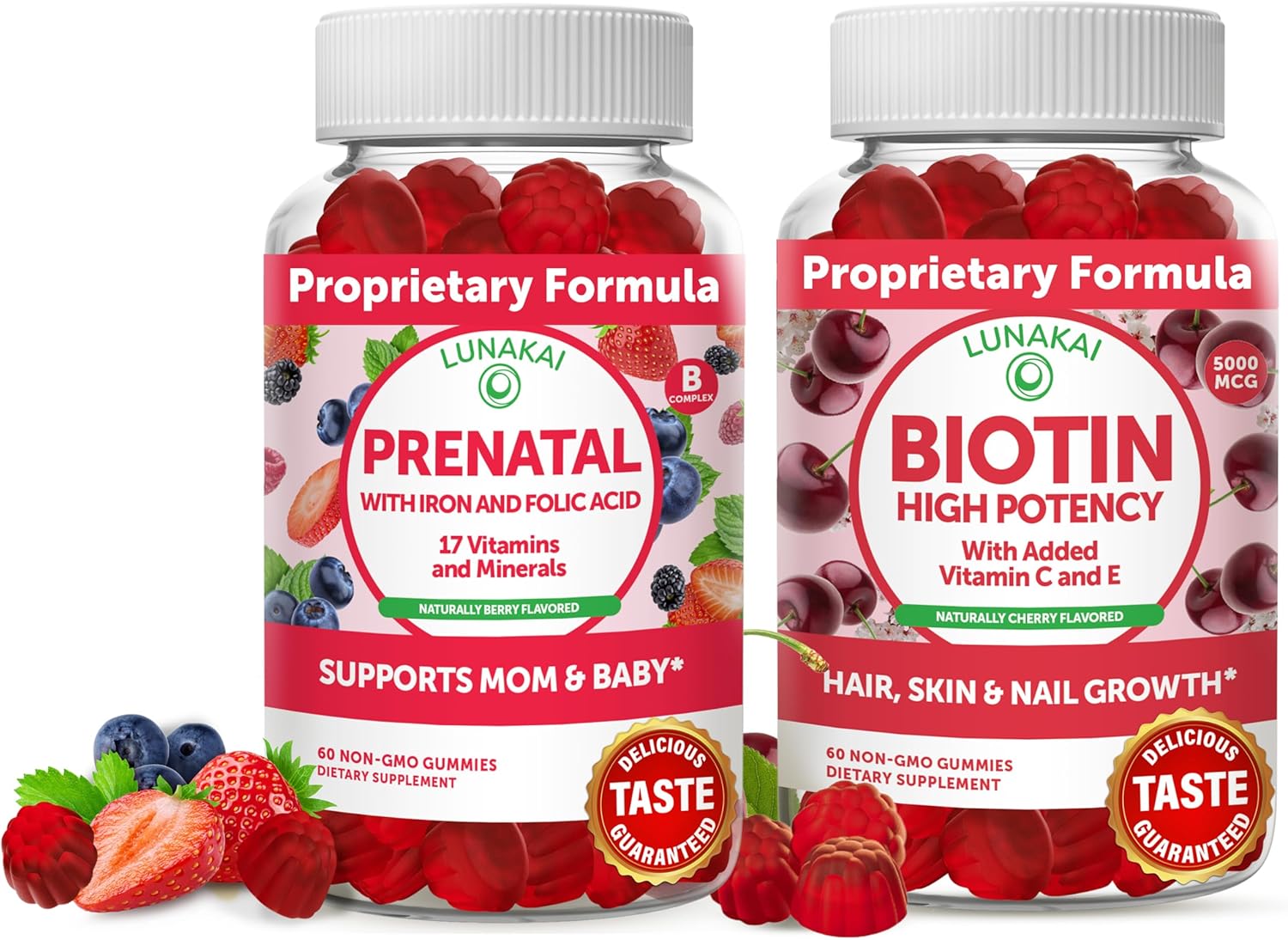 Prenatal and Biotin Hair, Skin, and Nails Growth Bundle with Vitamin C and E - Iron & Folic Acid Pregnancy Multivitamin Gummies - 30 Day Supply