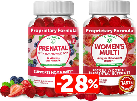 Prenatal and Women's Multivitamin Gummies Bundle - Pregnancy Gummy with Iron & Folic Acid - 100% Daily Value of 16 Essential Vitamins - 30 Days Supply