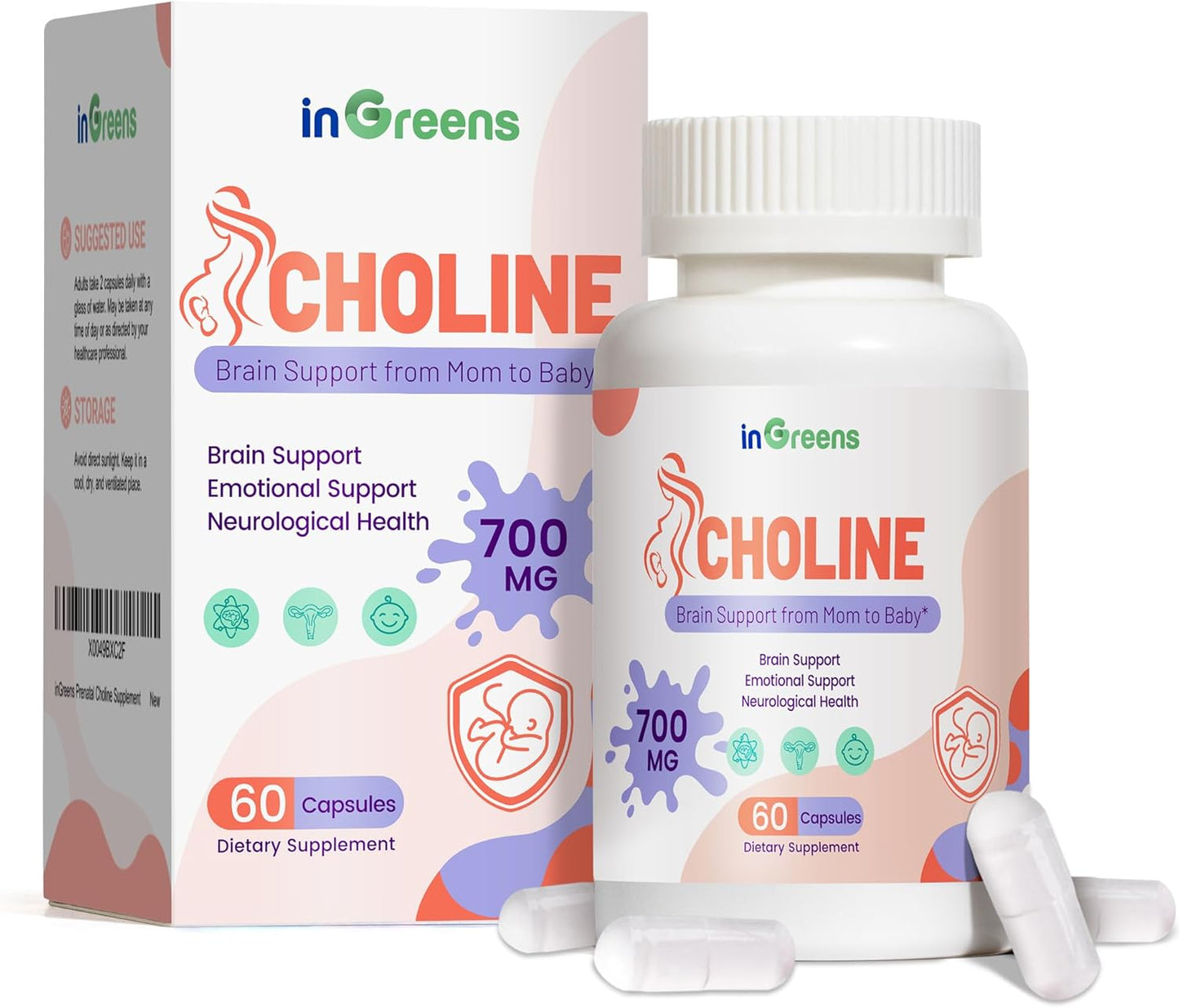 Prenatal Choline Supplement with Inositol, B1, B6, 500mg - Promotes Brain Development in Utero/Early Life, Boost Choline in Breast Milk - 30 Day Supply