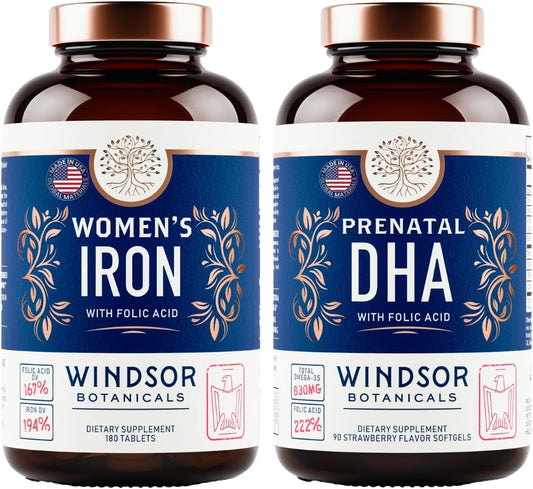 Prenatal DHA, Iron, and Folic Acid Vitamin Bundle for Women by WINDSOR BOTANICALS