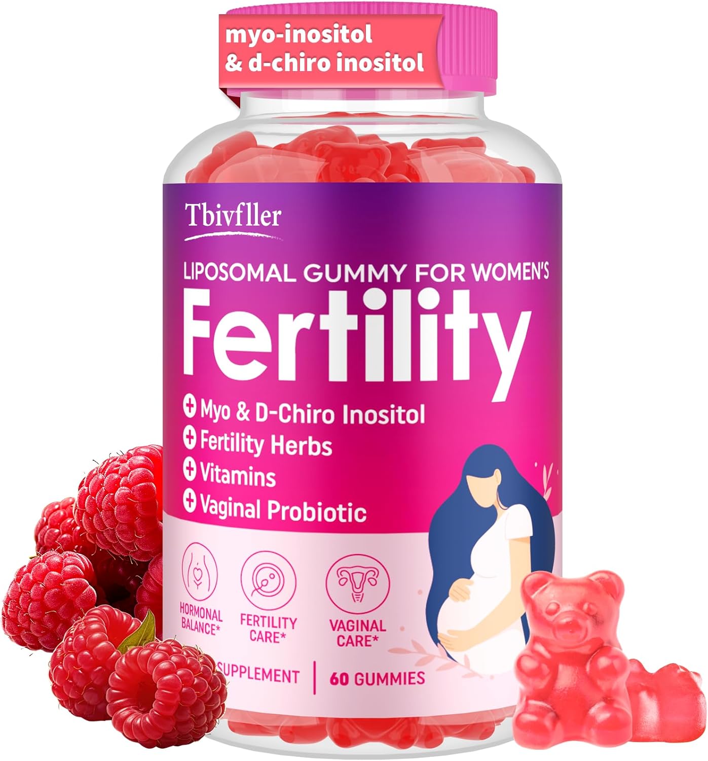 Prenatal Fertility Gummies with Myo-Inositol, D-Chiro Inositol, Folate, Herbs - Raspberry Flavor, 60 Count