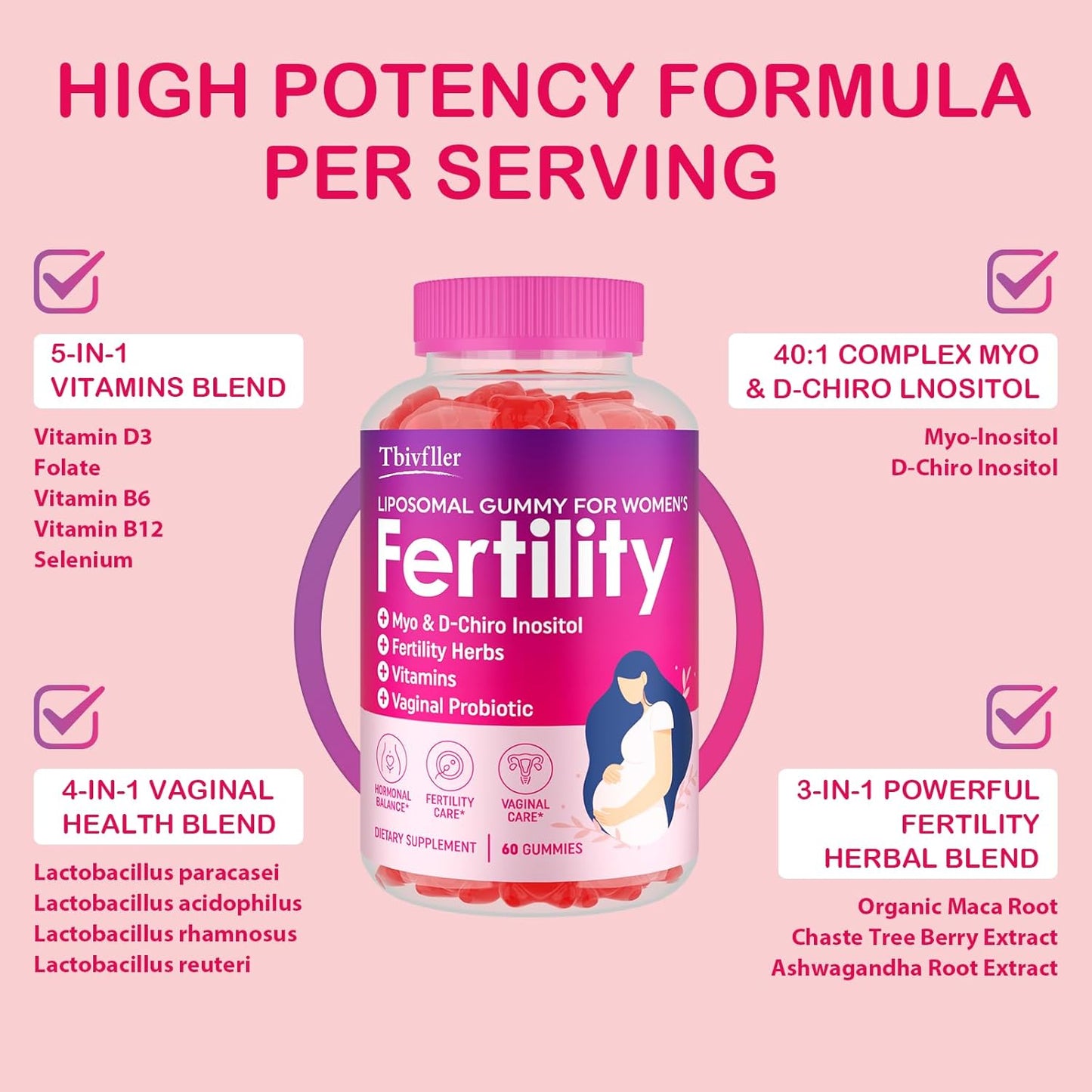 Prenatal Fertility Gummies with Myo-Inositol, D-Chiro Inositol, Folate, Herbs - Raspberry Flavor, 60 Count