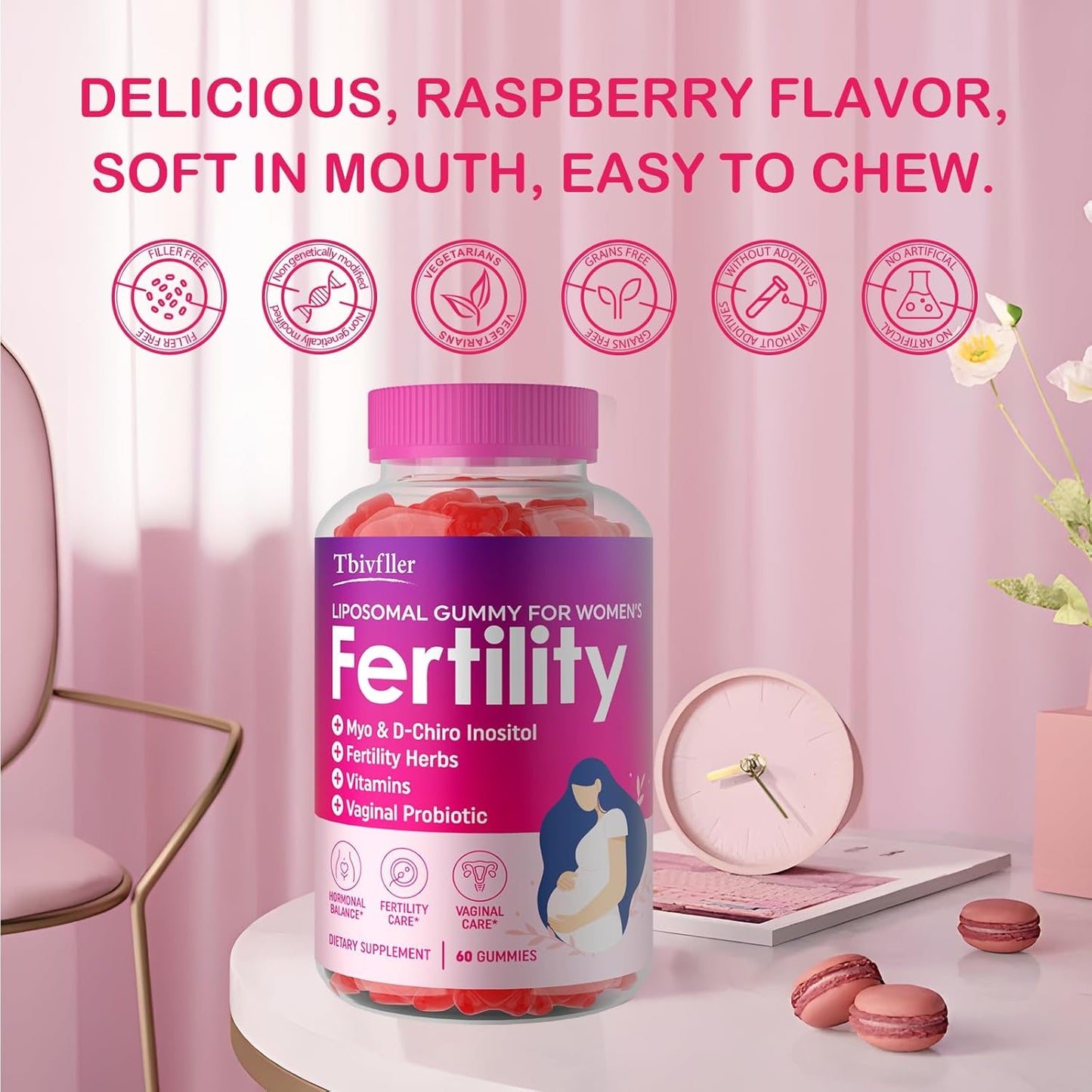 Prenatal Fertility Gummies with Myo-Inositol, D-Chiro Inositol, Folate, Herbs - Raspberry Flavor, 60 Count