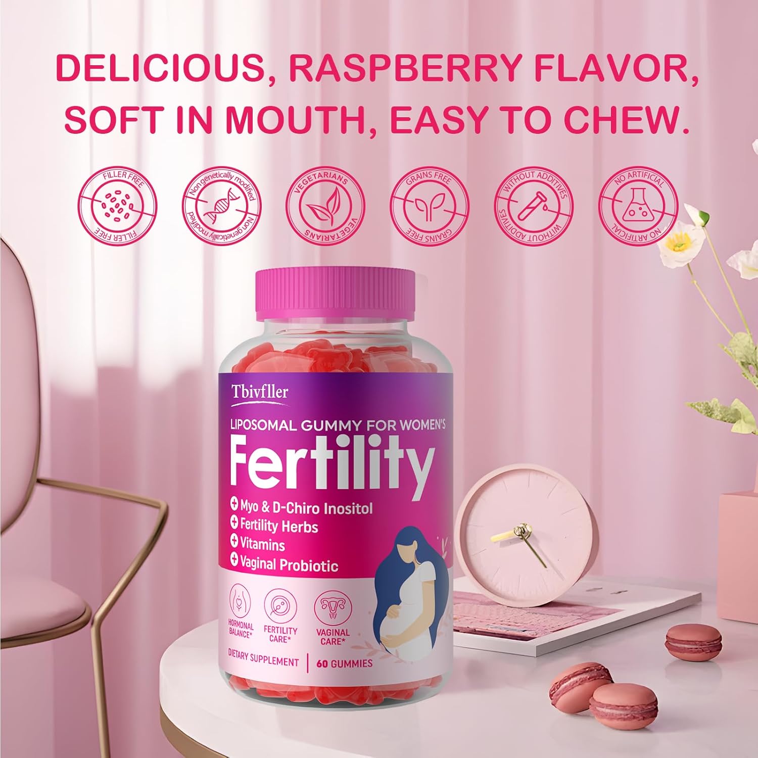 Prenatal Fertility Gummies with Myo-Inositol, D-Chiro Inositol, Folate, Herbs - Raspberry Flavor, 60 Count