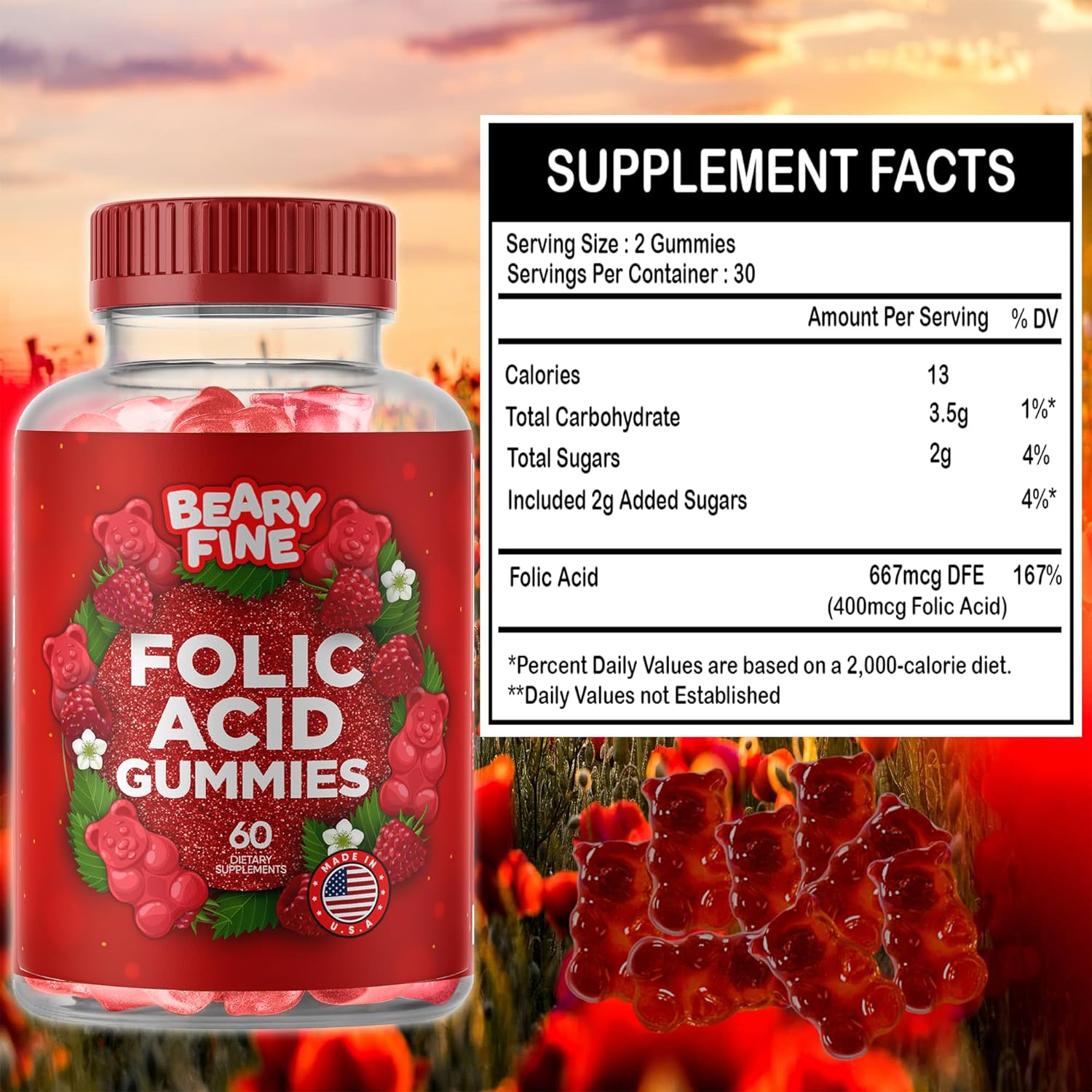 Prenatal Folic Acid Gummies 400mcg - Raspberry Flavored Folate Vitamins for Women, Moms & Baby - 60 Count - Made in USA - BoostGo Australia