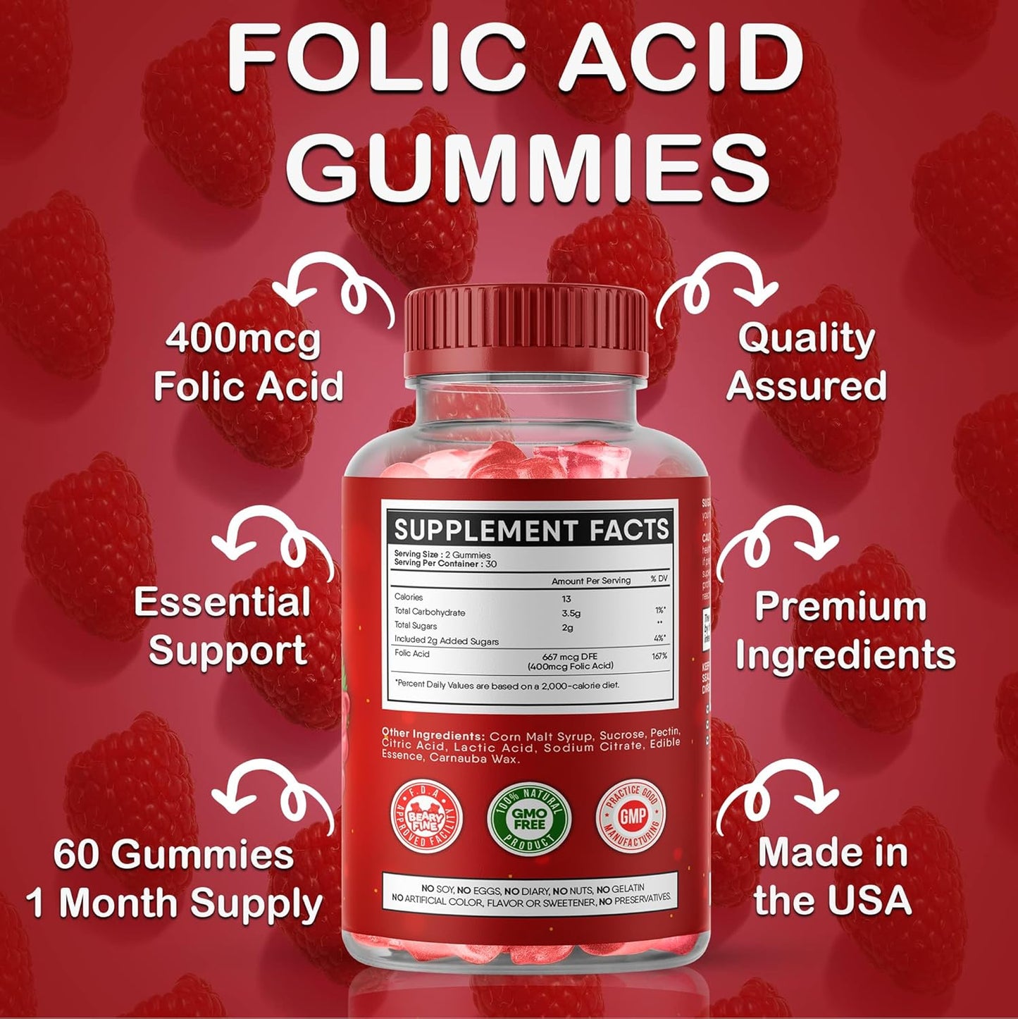 Prenatal Folic Acid Gummies 400mcg - Raspberry Flavored Folate Vitamins for Women, Moms & Baby - 60 Count - Made in USA - BoostGo Australia