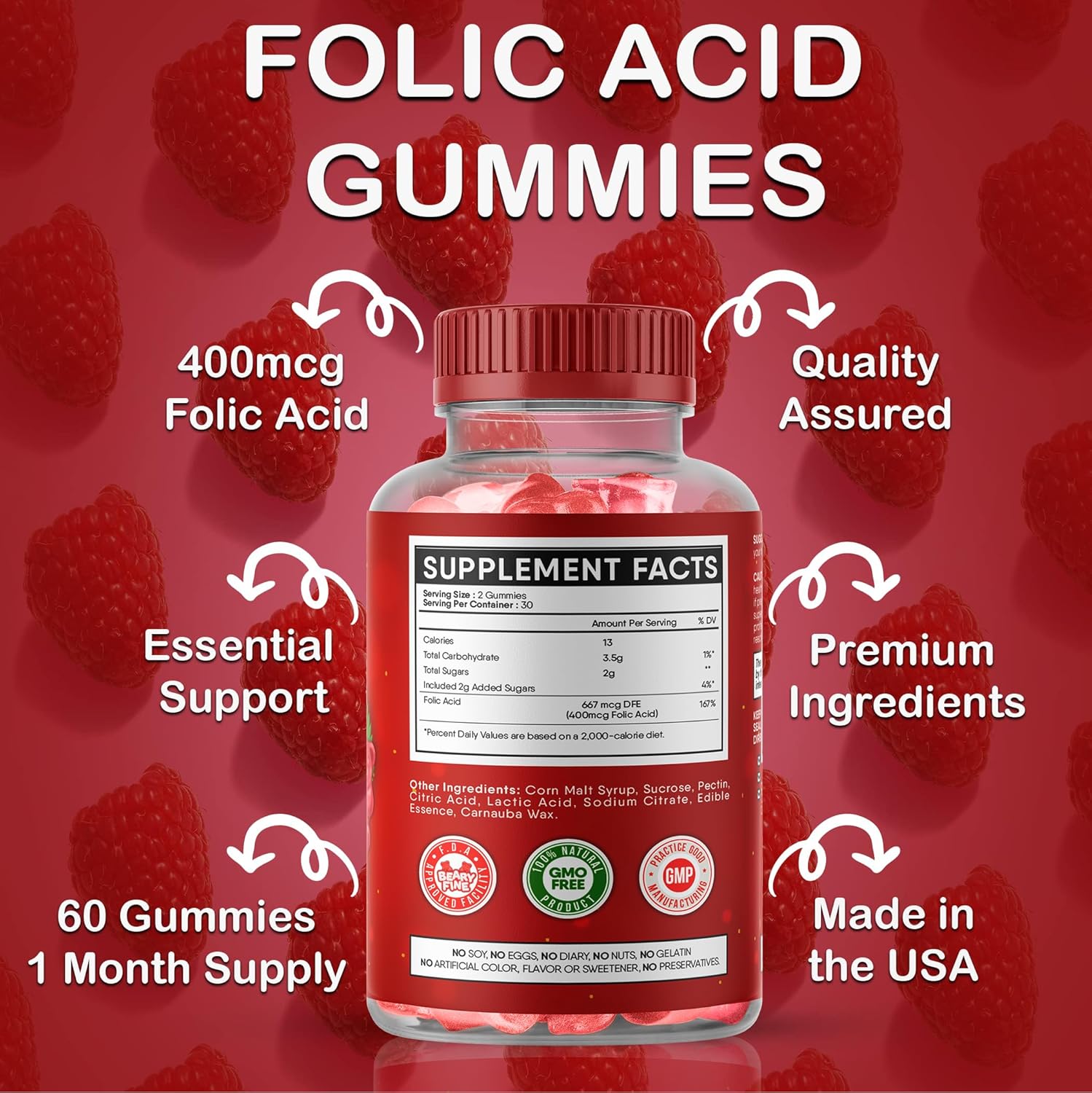 Prenatal Folic Acid Gummies 400mcg - Raspberry Flavored Folate Vitamins for Women, Moms & Baby - 60 Count - Made in USA - BoostGo Australia