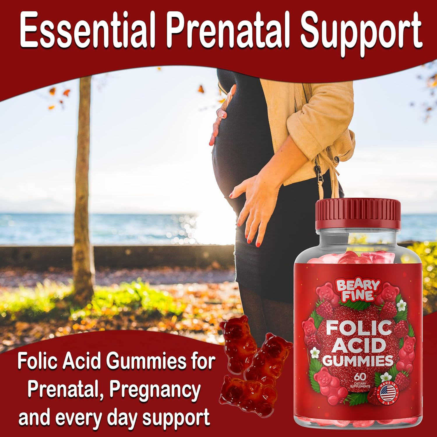 Prenatal Folic Acid Gummies 400mcg - Raspberry Flavored Folate Vitamins for Women, Moms & Baby - 60 Count - Made in USA - BoostGo Australia