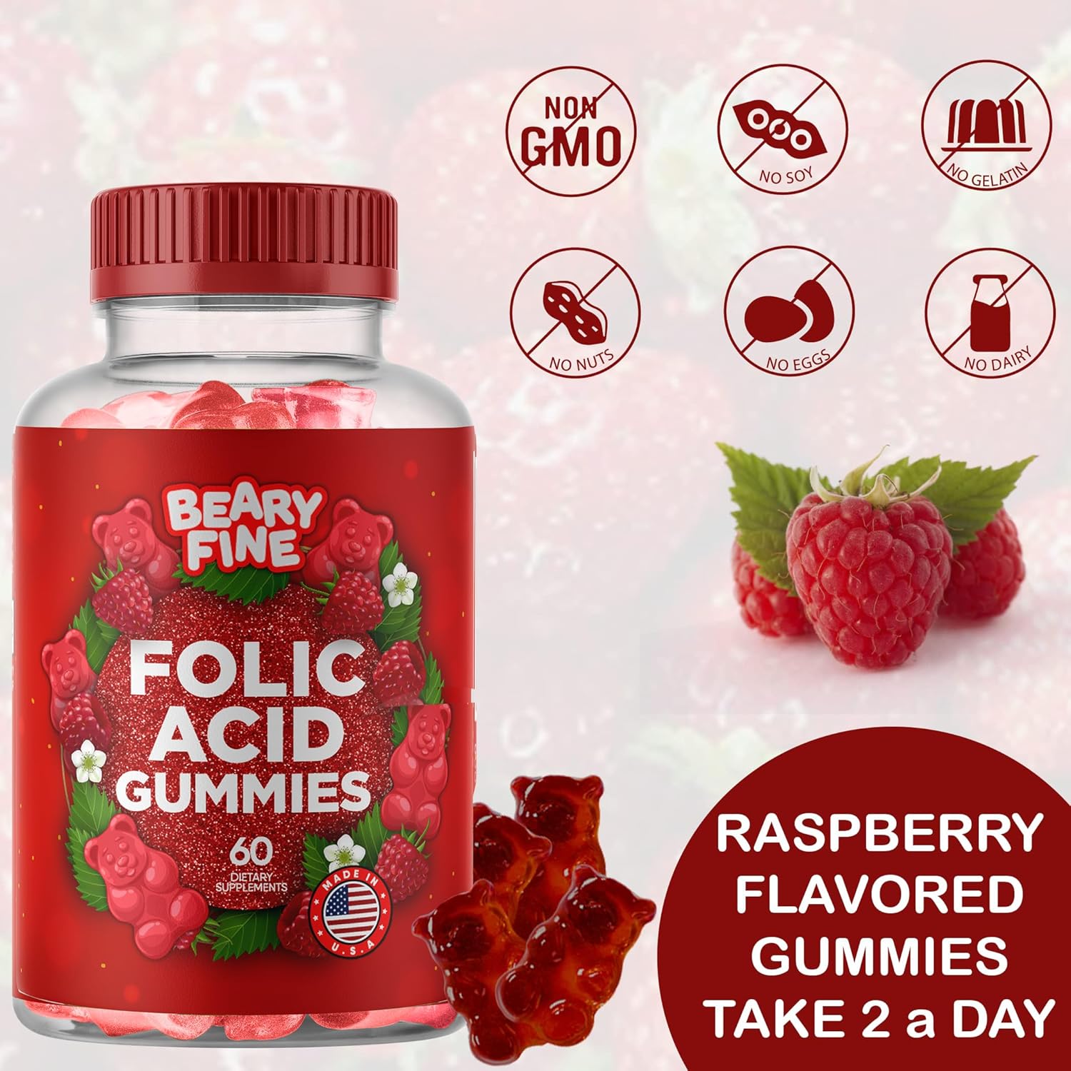Prenatal Folic Acid Gummies 400mcg - Raspberry Flavored Folate Vitamins for Women, Moms & Baby - 60 Count - Made in USA - BoostGo Australia