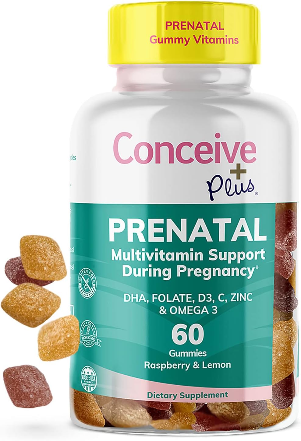 Prenatal Gummies with DHA, Folic Acid, Vitamin D3, C, Zinc, Omega 3 - Lemon + Raspberry Flavor, 60 Count