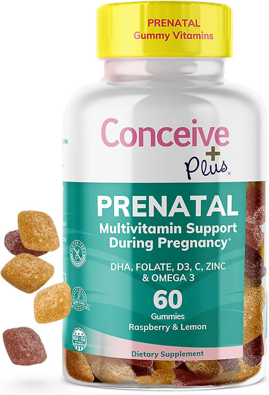 Prenatal Gummies with DHA, Folic Acid, Vitamin D3, C, Zinc, Omega 3 - Lemon + Raspberry Flavor, 60 Count