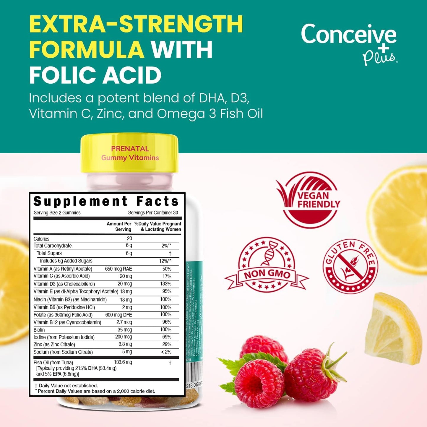 Prenatal Gummies with DHA, Folic Acid, Vitamin D3, C, Zinc, Omega 3 - Lemon + Raspberry Flavor, 60 Count