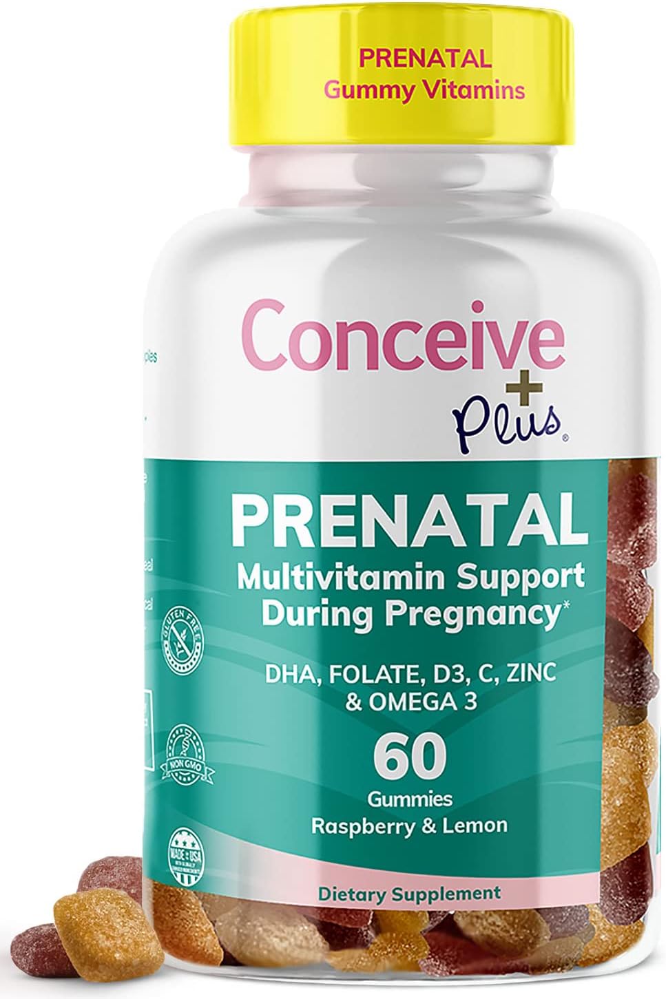 Prenatal Gummies with DHA, Folic Acid, Vitamin D3, C, Zinc, Omega 3 - Lemon + Raspberry Flavor, 60 Count