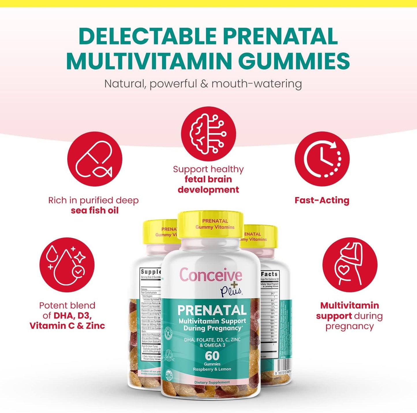 Prenatal Gummies with DHA, Folic Acid, Vitamin D3, C, Zinc, Omega 3 - Lemon + Raspberry Flavor, 60 Count