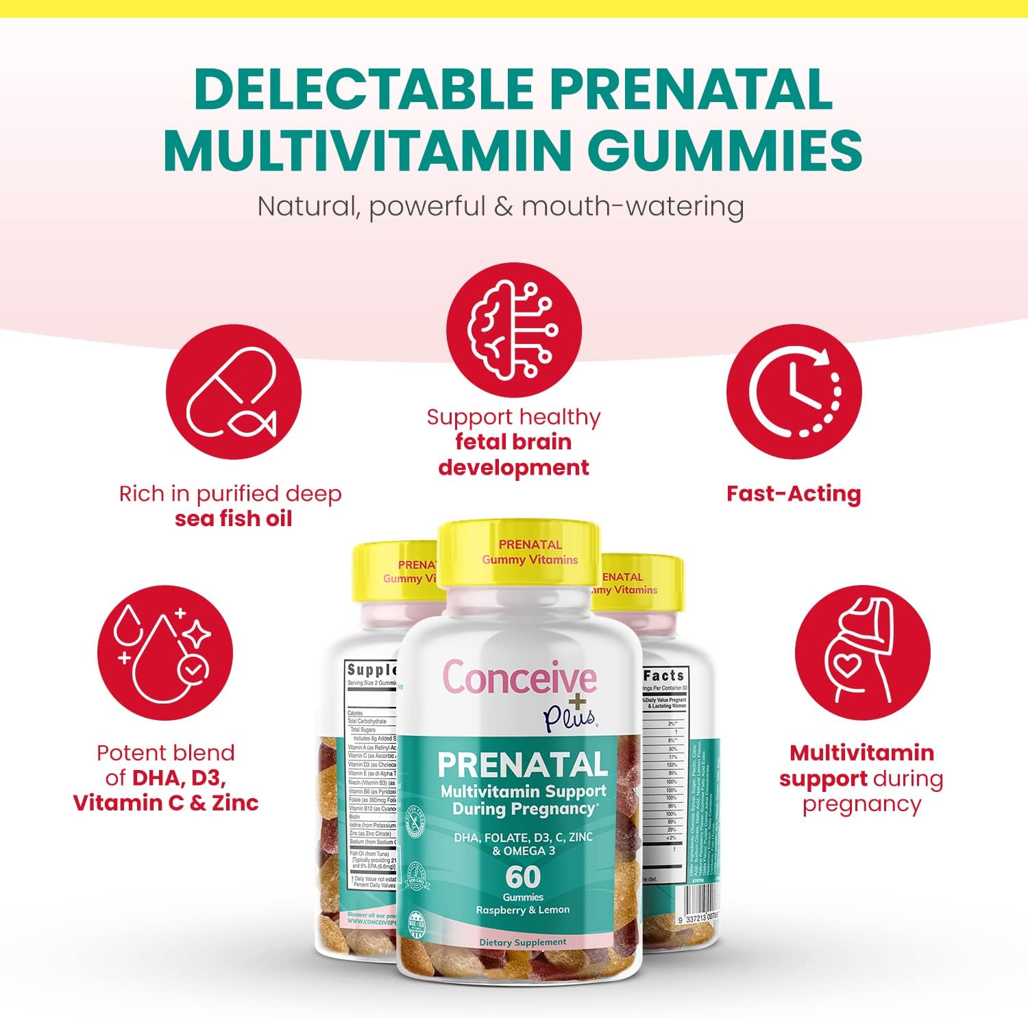 Prenatal Gummies with DHA, Folic Acid, Vitamin D3, C, Zinc, Omega 3 - Lemon + Raspberry Flavor, 60 Count