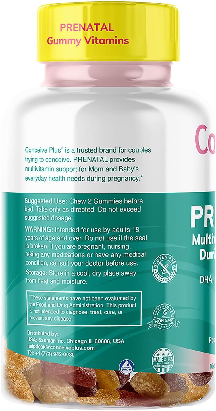 Prenatal Gummies with DHA, Folic Acid, Vitamin D3, C, Zinc, Omega 3 - Lemon + Raspberry Flavor, 60 Count