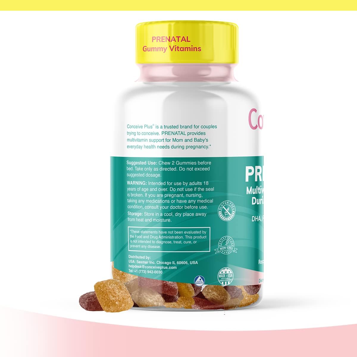 Prenatal Gummies with DHA, Folic Acid, Vitamin D3, C, Zinc, Omega 3 - Lemon + Raspberry Flavor, 60 Count