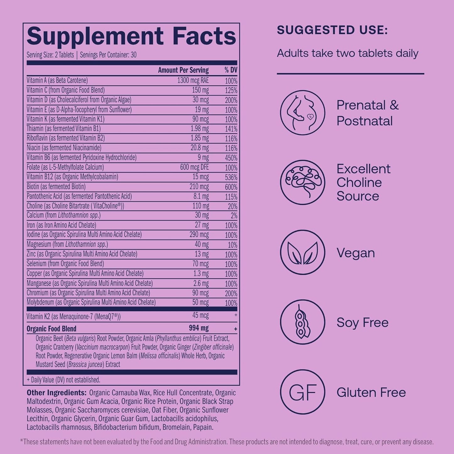 Prenatal Multivitamin for Healthy Mom & Baby - 60 Vegan Tablets with Methylfolate & Choline - Gluten & Soy Free - 30 Servings