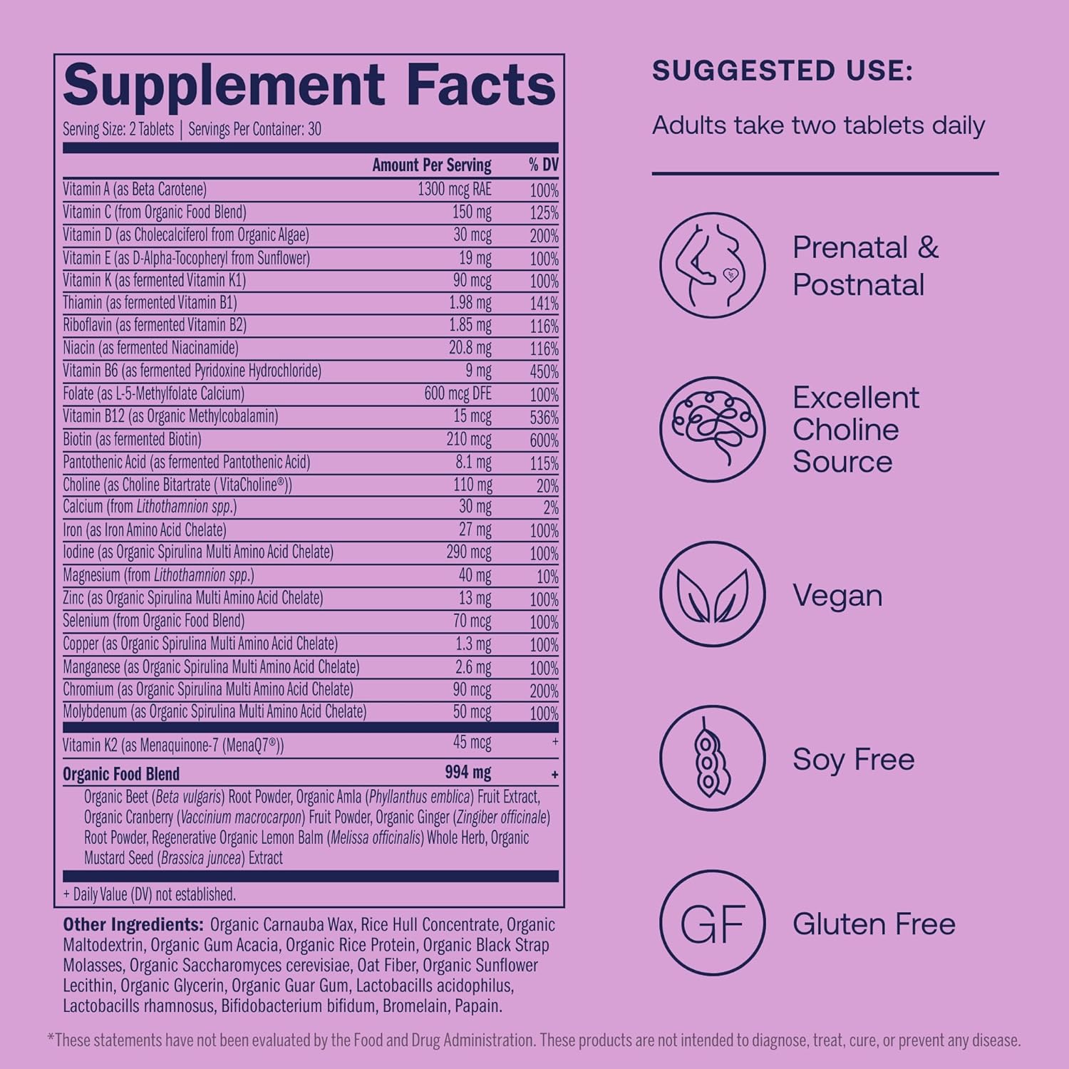 Prenatal Multivitamin for Healthy Mom & Baby - 60 Vegan Tablets with Methylfolate & Choline - Gluten & Soy Free - 30 Servings