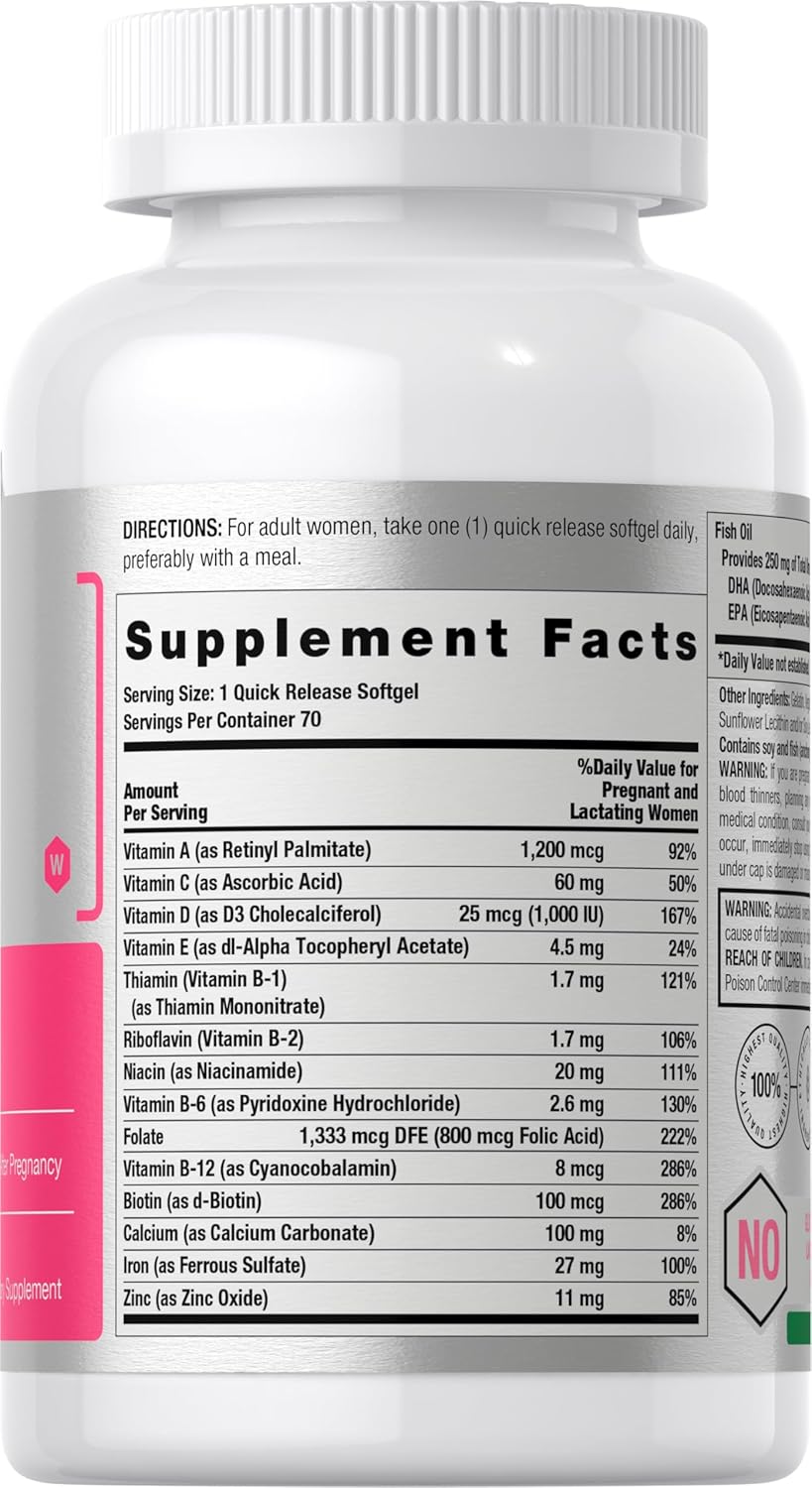 Prenatal Multivitamin for Women with DHA, Iron, and Folic Acid - 70 Softgels, Non-GMO & Gluten Free
