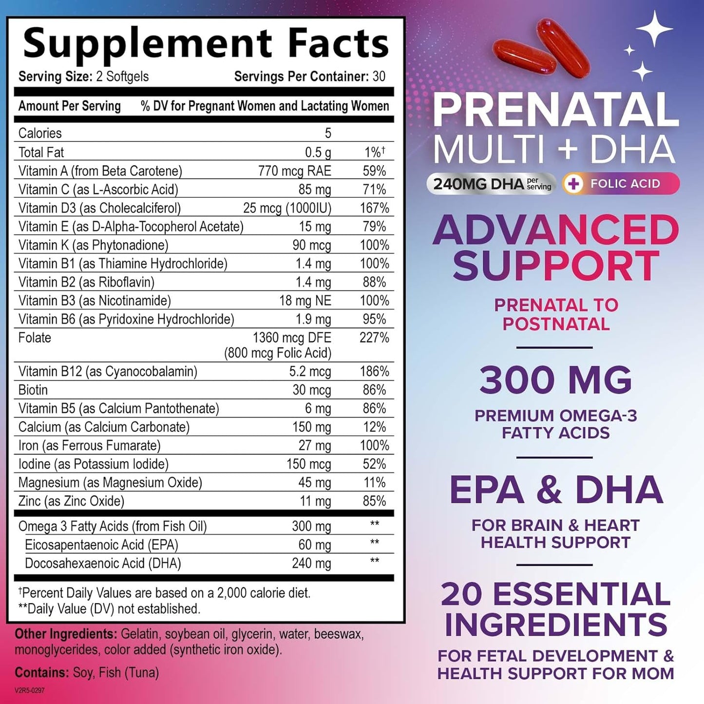 Prenatal Multivitamin for Women with Folic Acid, DHA, Folate, Omega 3, Vitamins D3, B6, B12 & Iron - 60 Softgels, Non-GMO