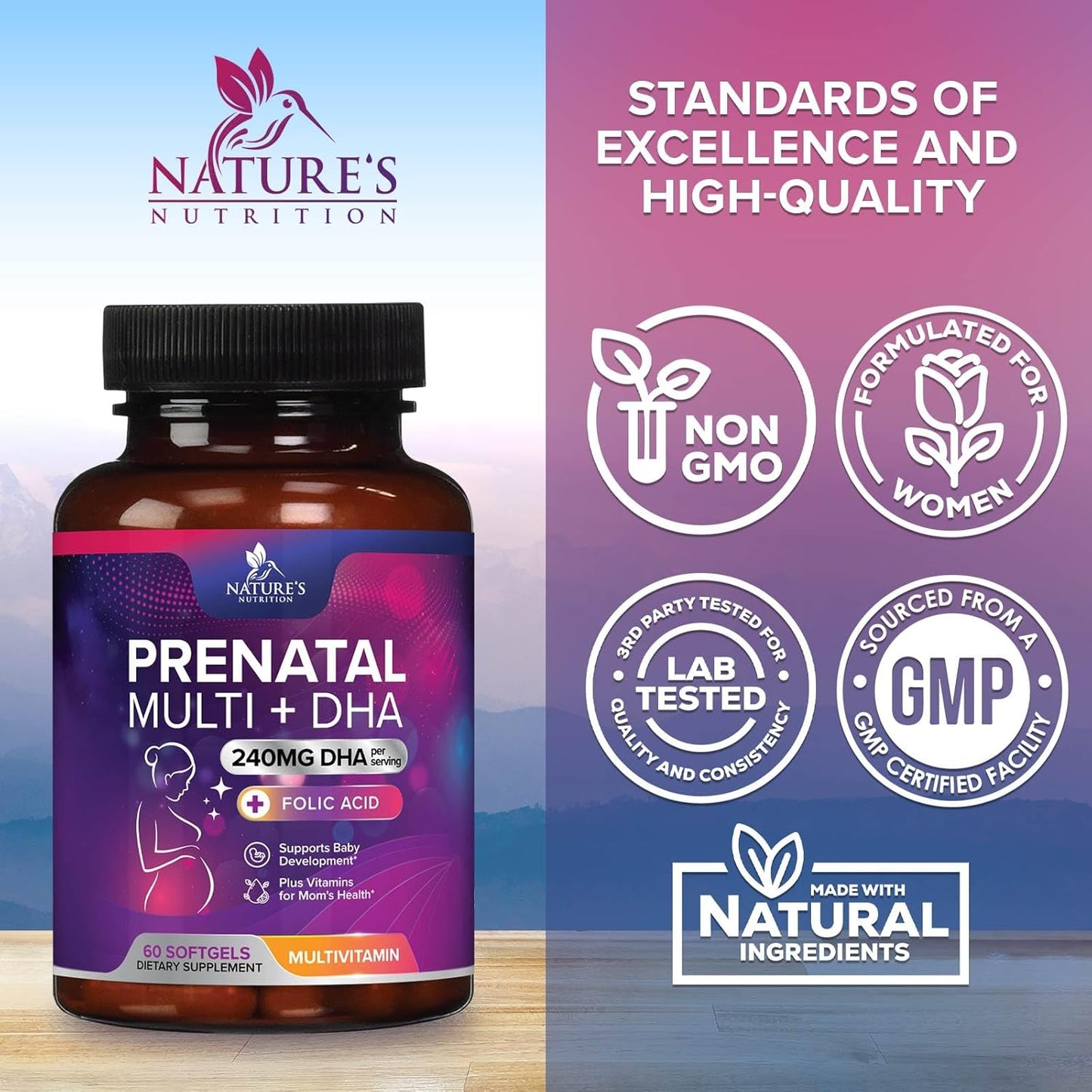 Prenatal Multivitamin for Women with Folic Acid, DHA, Folate, Omega 3, Vitamins D3, B6, B12 & Iron - 60 Softgels, Non-GMO