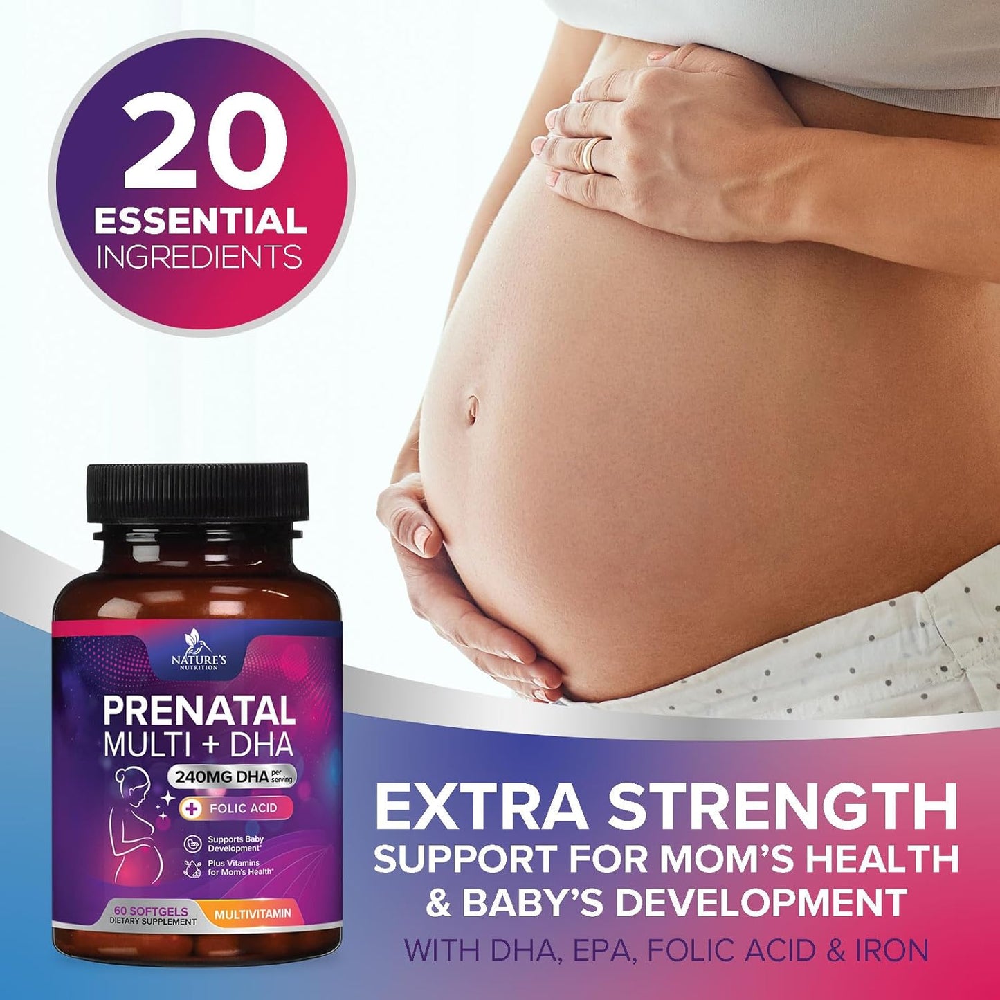 Prenatal Multivitamin for Women with Folic Acid, DHA, Folate, Omega 3, Vitamins D3, B6, B12 & Iron - 60 Softgels, Non-GMO