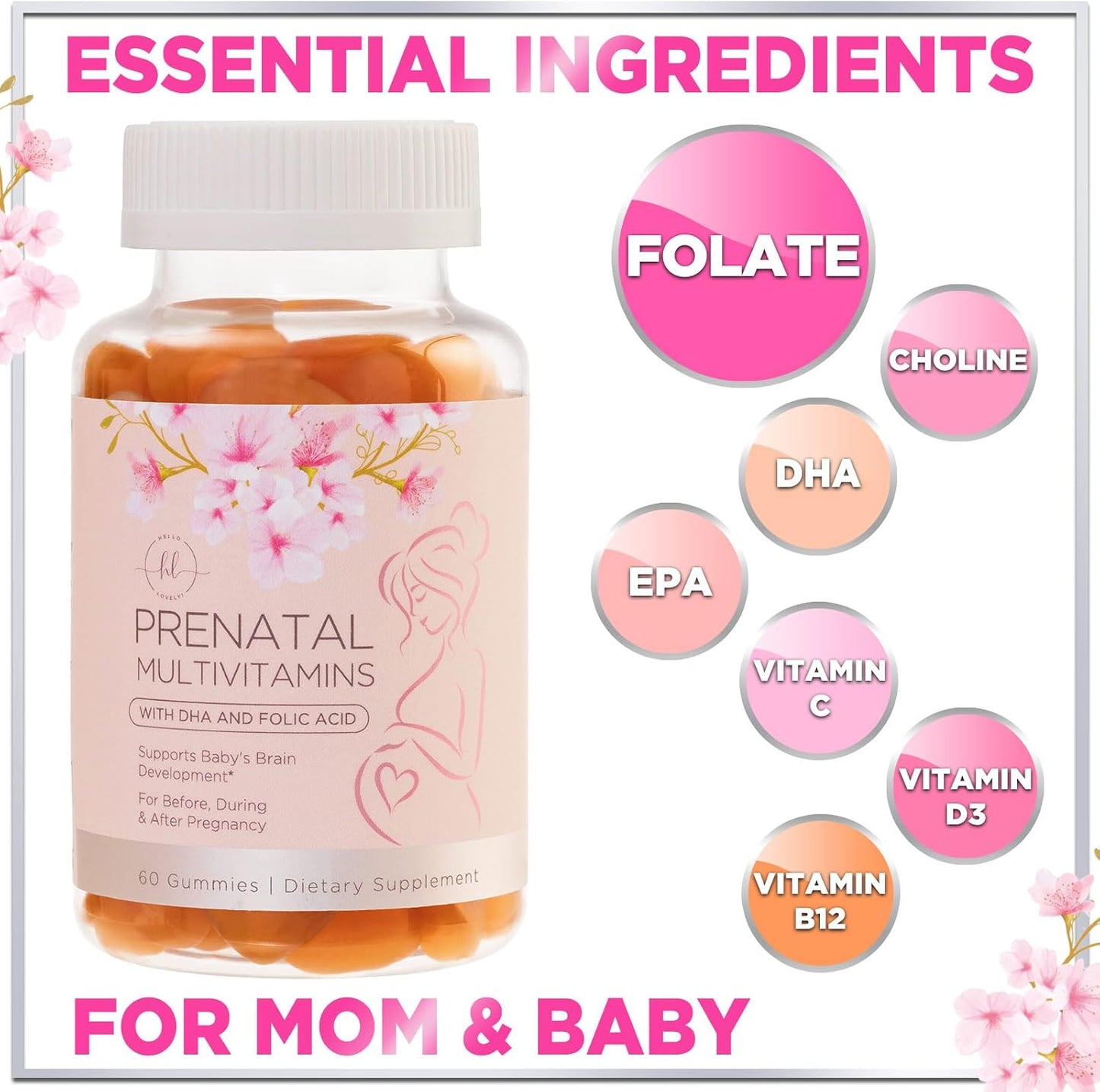 Prenatal Multivitamin Gummies for Women with Folic Acid, DHA, and Essential Nutrients - Non-GMO Pregnancy Support - 60 Count