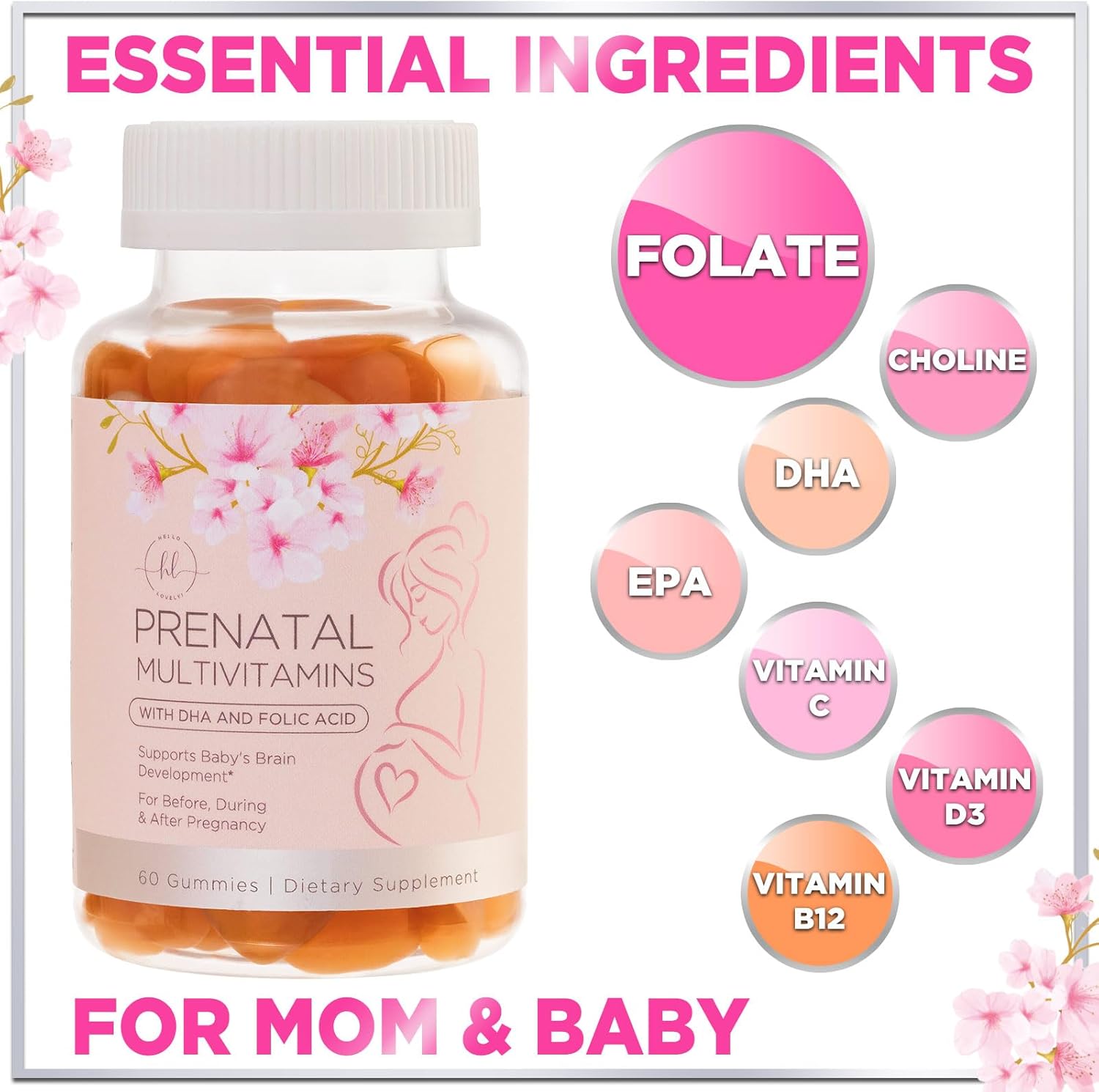 Prenatal Multivitamin Gummies for Women with Folic Acid, DHA, and Essential Nutrients - Non-GMO Pregnancy Support - 60 Count