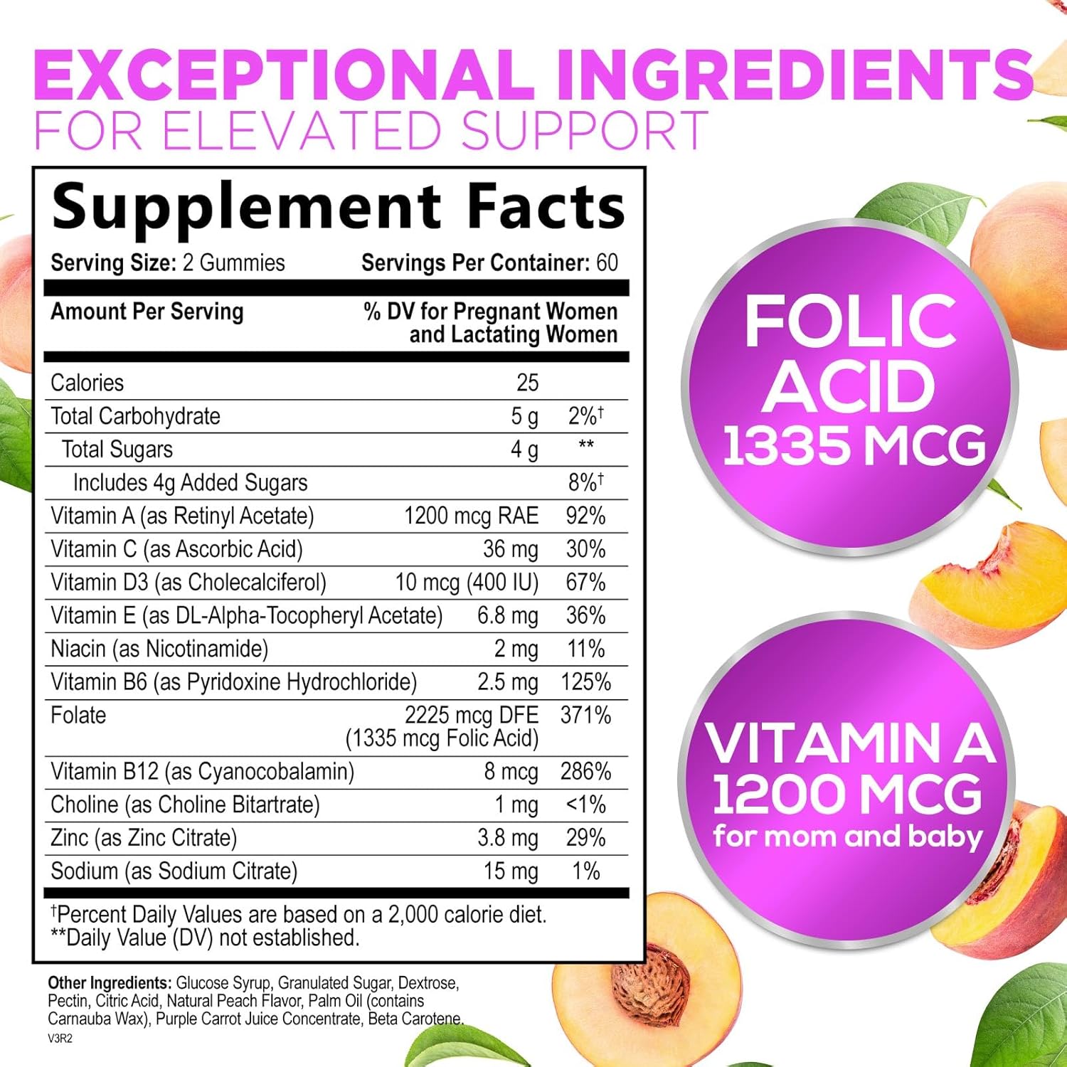 Prenatal Multivitamin Gummies with Folic Acid & Essential Nutrients for Pregnant Women - 120 Gummies, 60 Day Supply