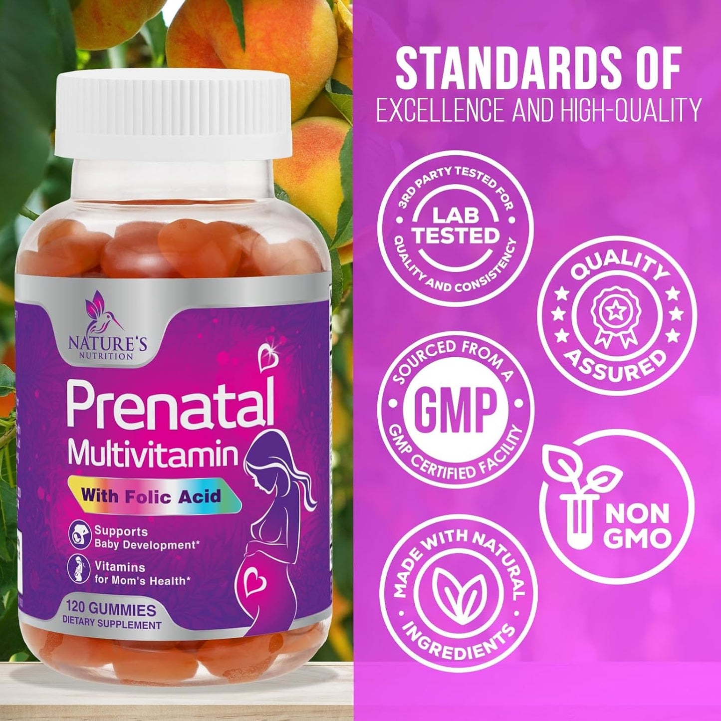 Prenatal Multivitamin Gummies with Folic Acid & Essential Nutrients for Pregnant Women - 120 Gummies, 60 Day Supply