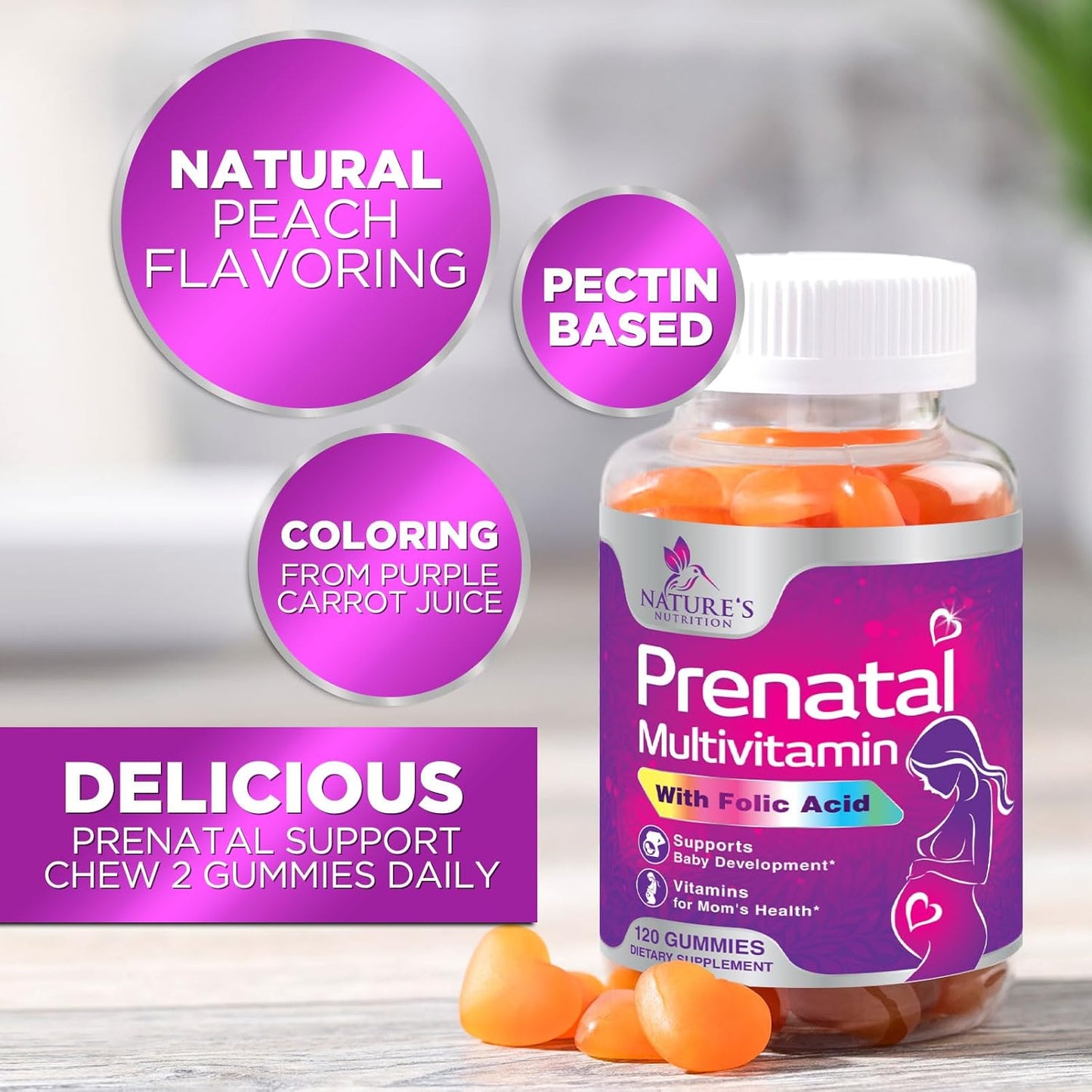 Prenatal Multivitamin Gummies with Folic Acid & Essential Nutrients for Pregnant Women - 120 Gummies, 60 Day Supply