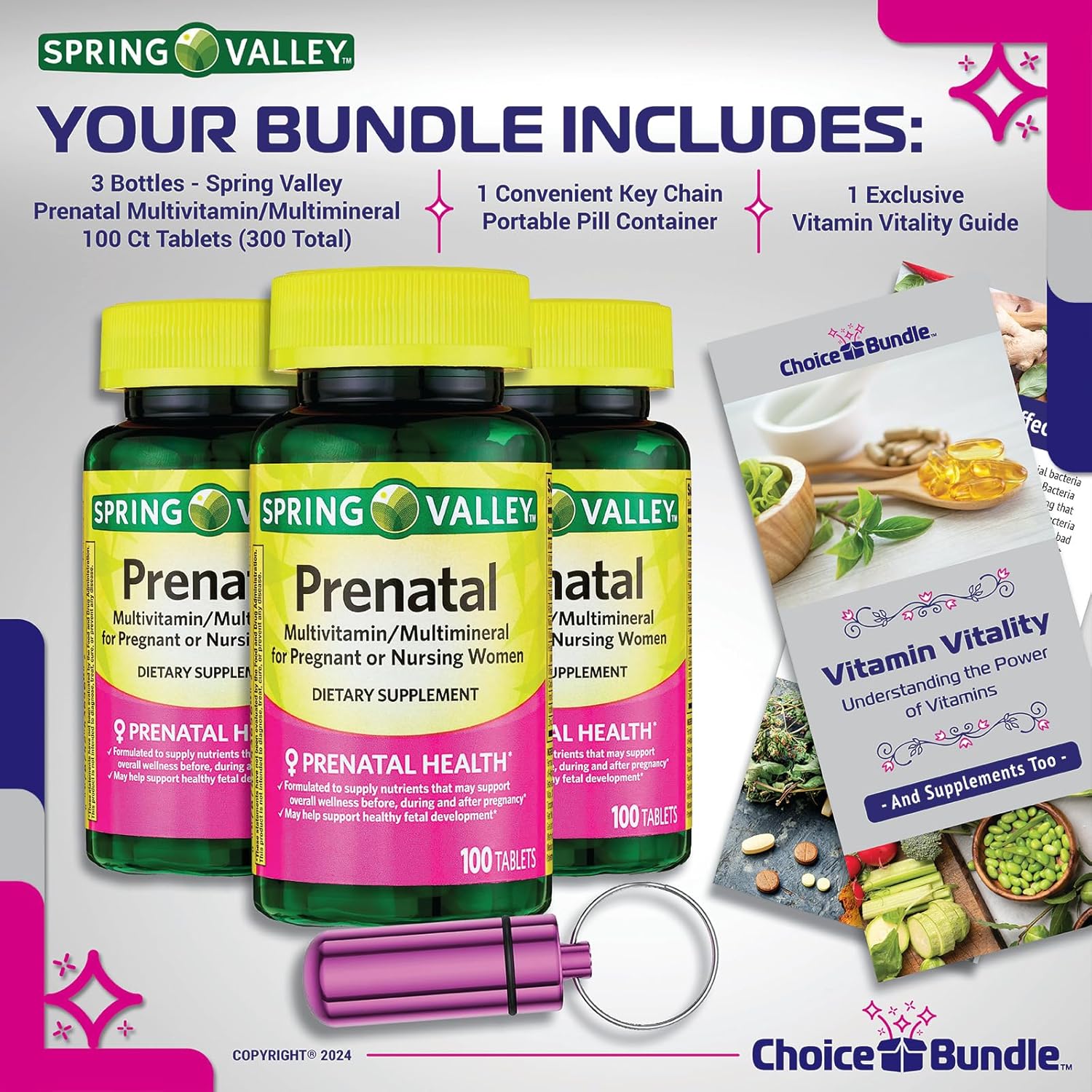 Prenatal Multivitamin Multimineral Bundle for Pregnant & Nursing Women - 300 Tablets + Vitamin Guide & Pill Container