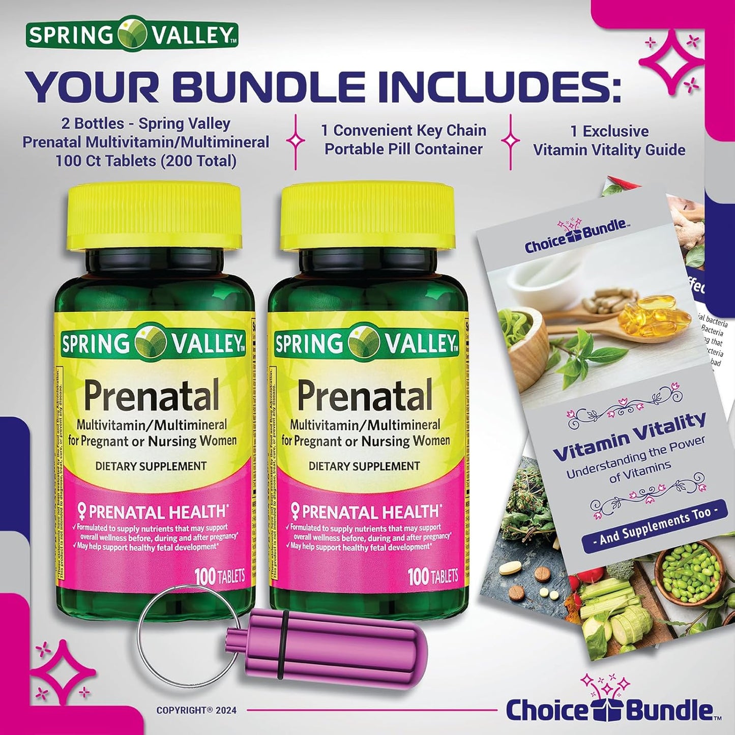 Prenatal Multivitamin Multimineral Bundle for Pregnant & Nursing Women: 200 Tablets + Vitamin Guide & Pill Container