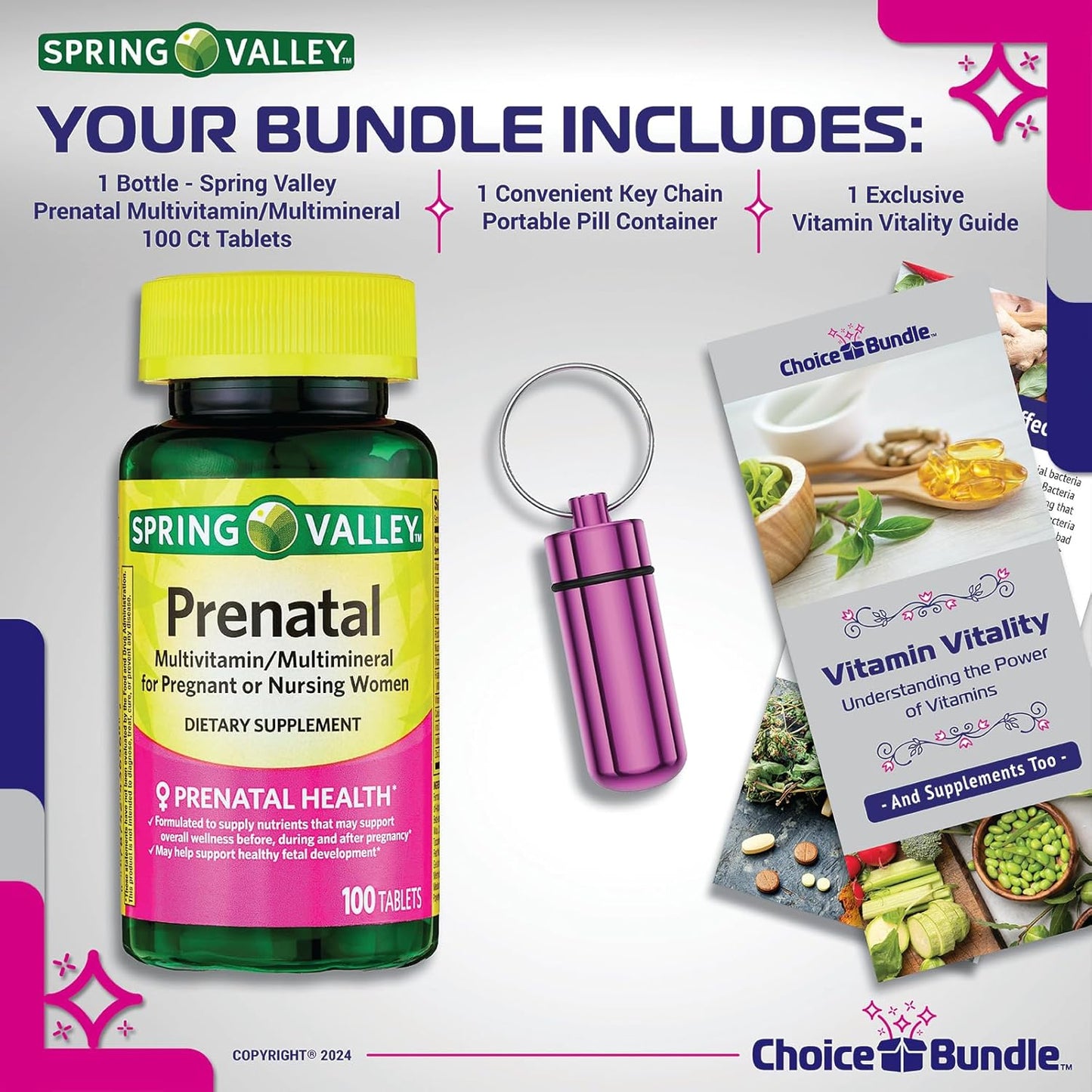 Prenatal Multivitamin Multimineral Tablets for Pregnant & Nursing Women - 100 Ct Bundle with Vitamin Guide & Pill Container