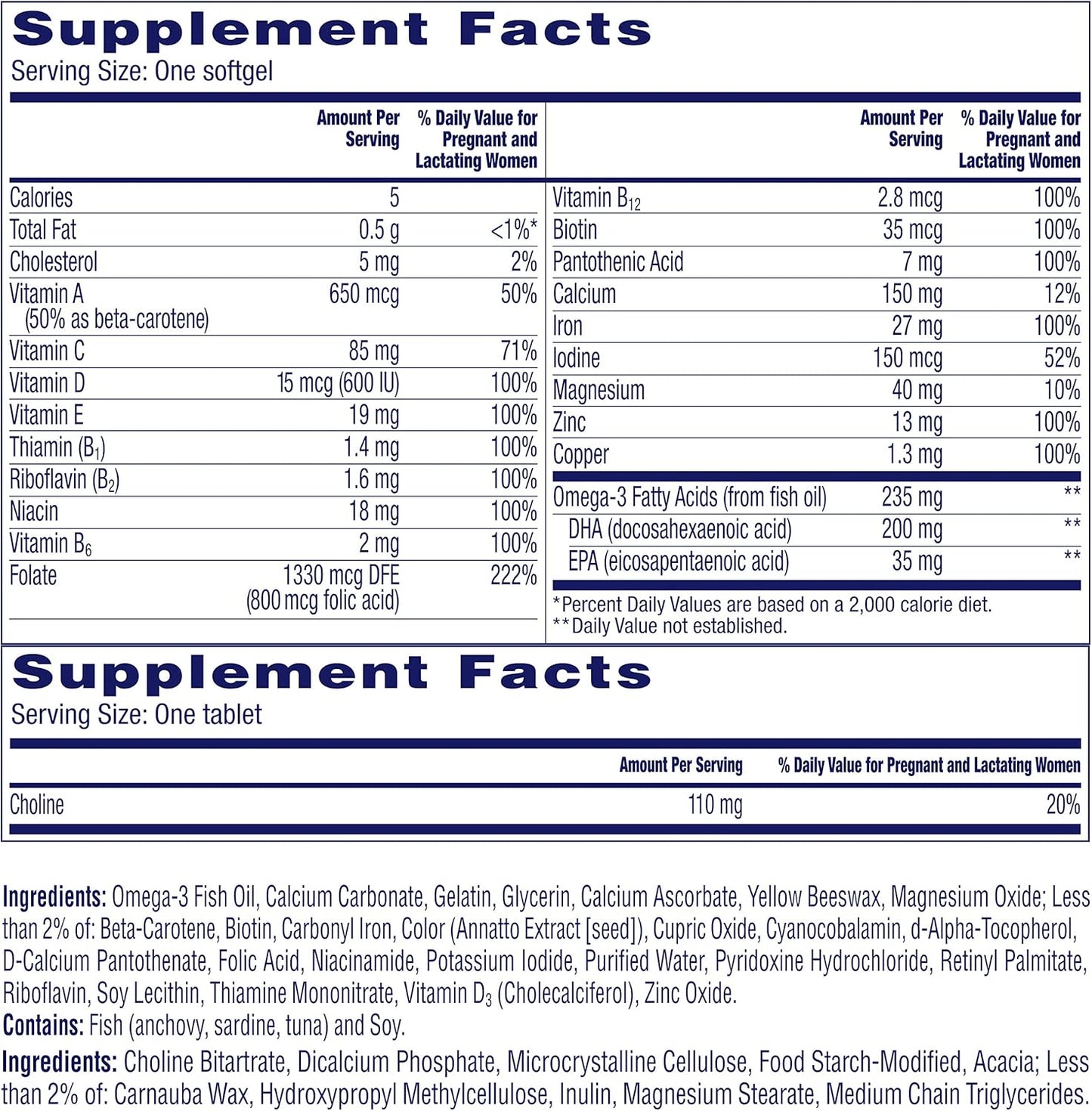 Prenatal Multivitamin with Brain Support for Women - Choline, Folic Acid, Omega-3 DHA & Iron - 180 Count for Pre, During, and Post Pregnancy